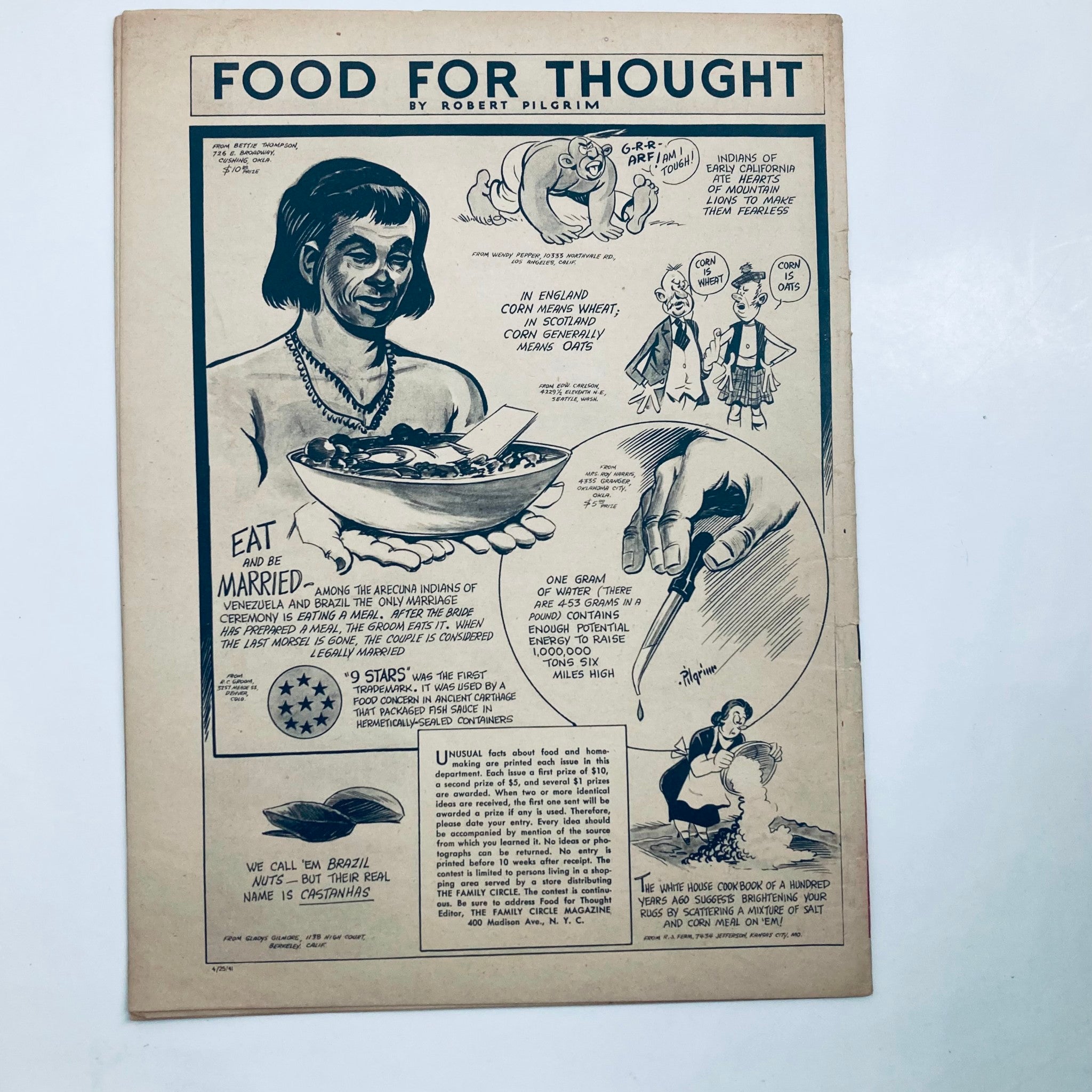 Vintage Family Circle Magazine page titled 'Food for Thought' by Robert Pilgrim, showcasing humorous cartoon attributes and food-related insights, dated April 25, 1941.