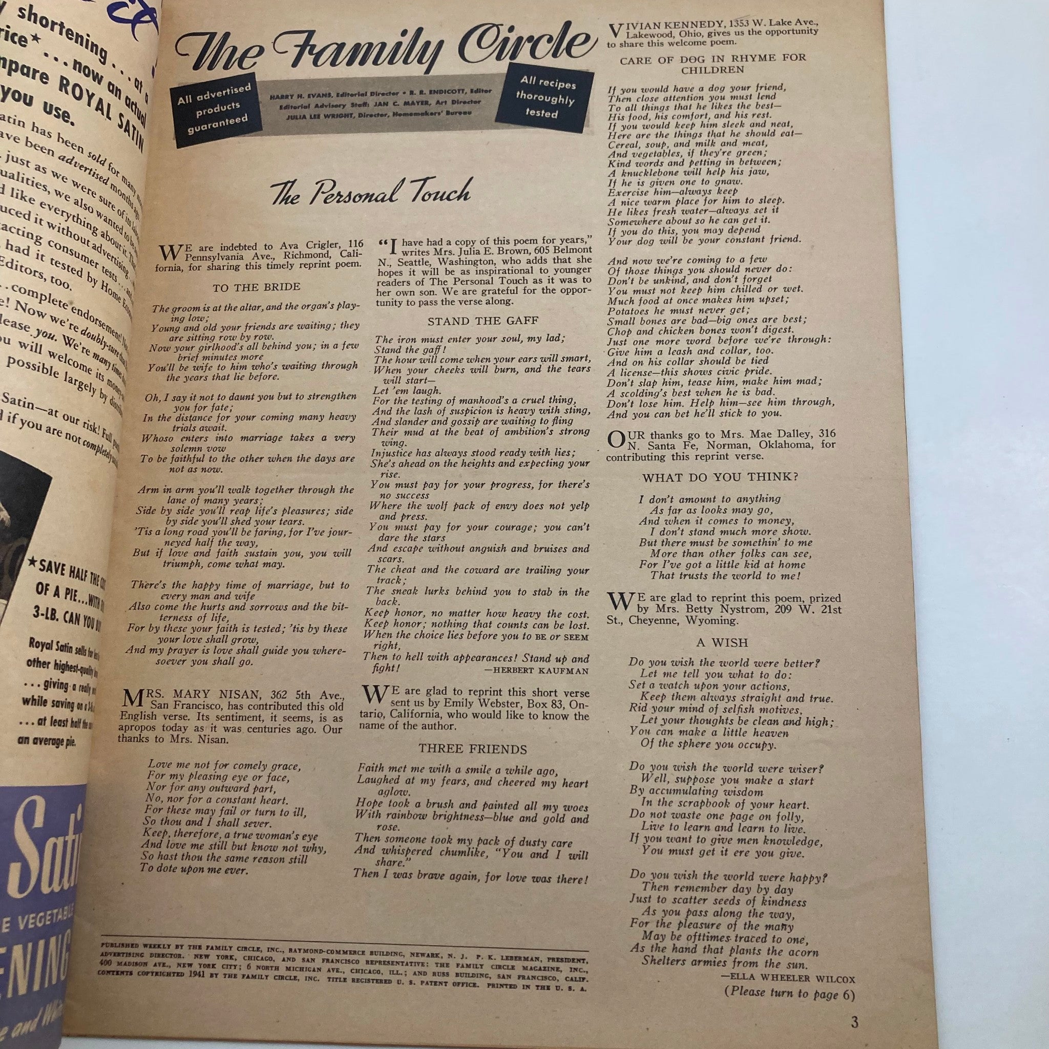Interior page of VTG The Family Circle Magazine June 20, 1941 displaying personal letters and columns, illustrating vintage magazine content and layout.