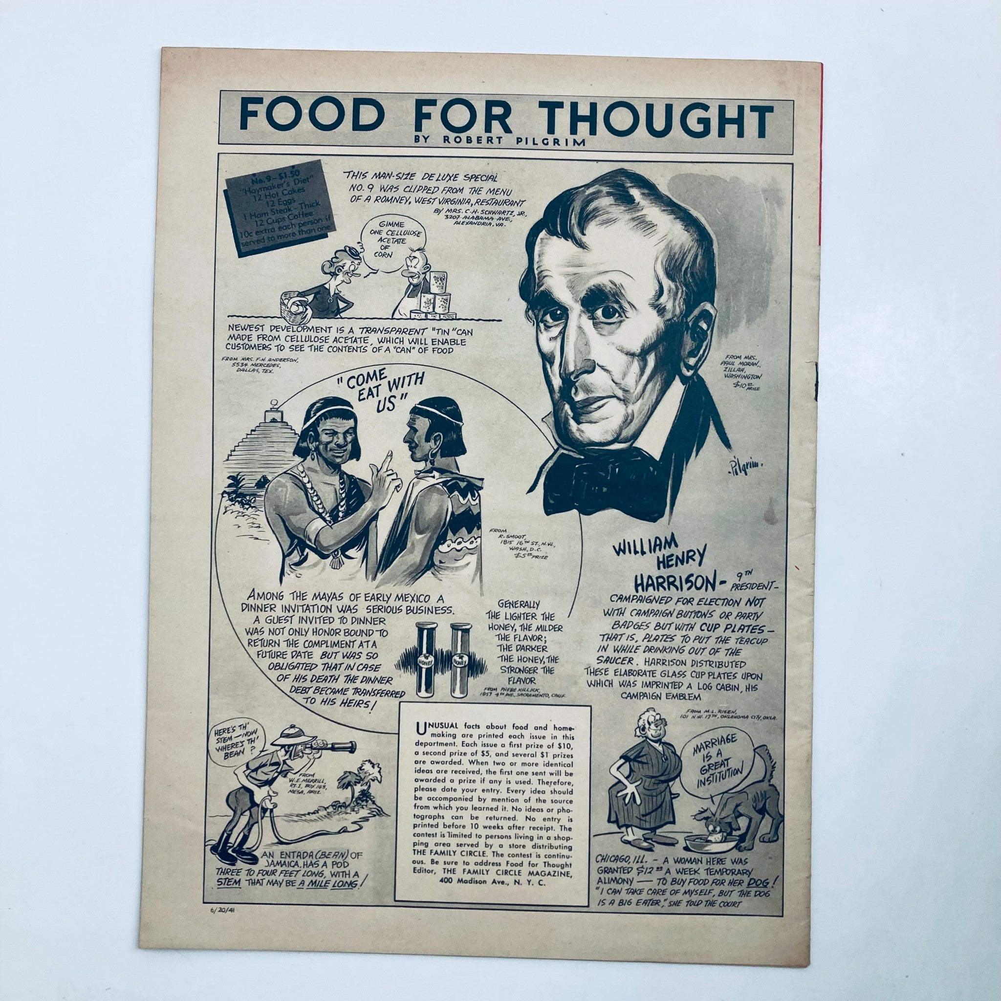 Vintage 'The Family Circle Magazine' June 20, 1941 featuring a humorous article titled 'Food for Thought' by Robert Pilgrim, showcasing classic illustrations and historical references.