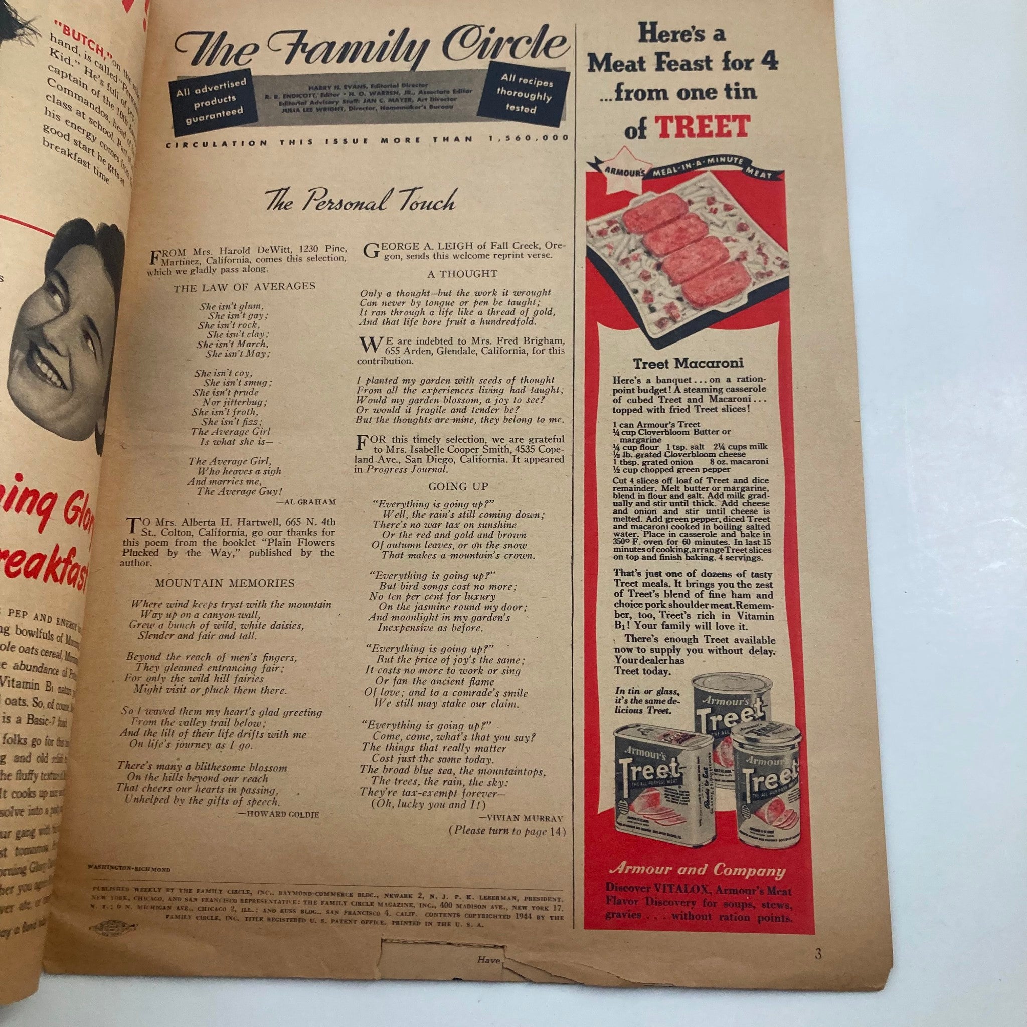 Inside page of VTG The Family Circle Magazine March 24, 1944, displaying articles and advertisements, capturing the essence of the era.