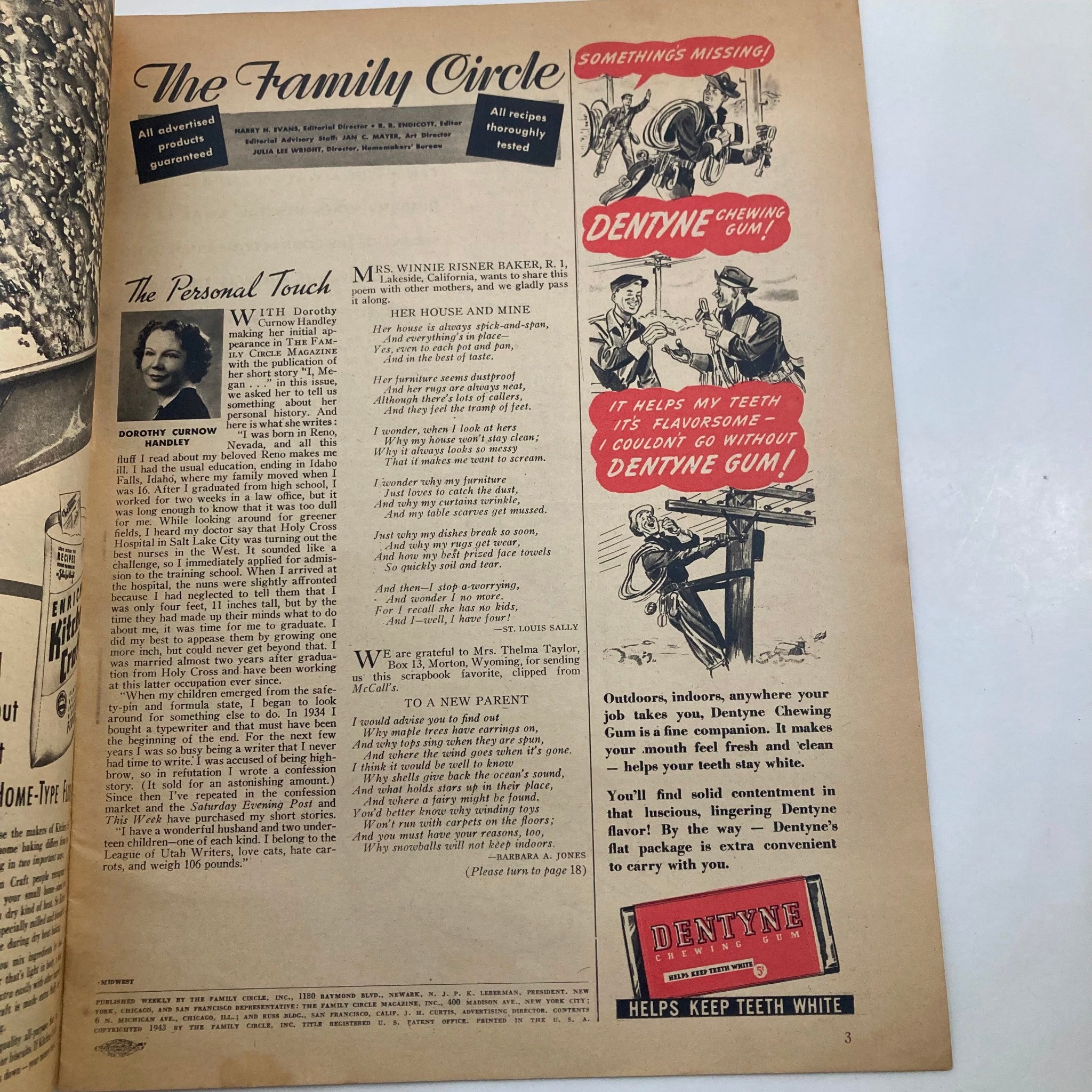 Interior page of VTG The Family Circle Magazine February 26 1943, featuring an article titled 'The Personal Touch' by Dorothy Curnow Handley and advertisements for Dentyne Chewing Gum.