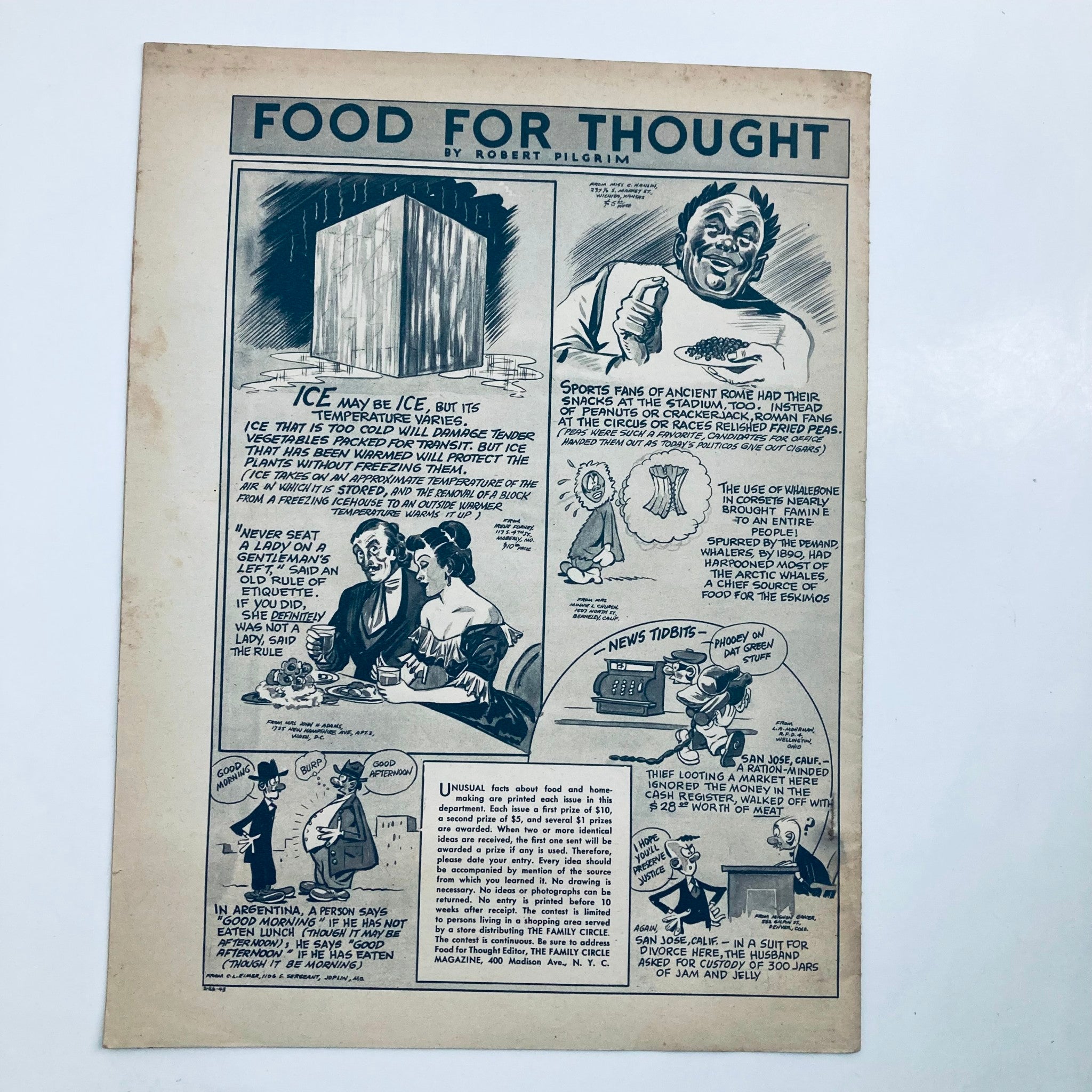 Another interior page of VTG The Family Circle Magazine February 26 1943 titled 'Food For Thought' by Robert Pilgrim, highlighting historical food references and illustrations.