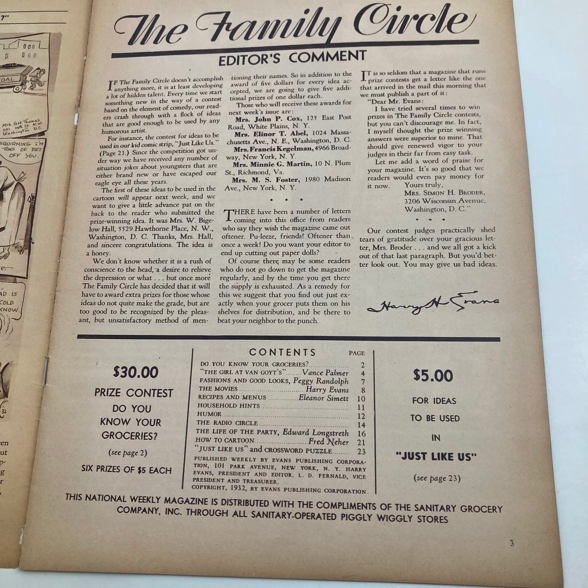 Editorial page from VTG The Family Circle Magazine November 4, 1932, containing comments and contents list, highlighting its connection to early 20th-century culture.