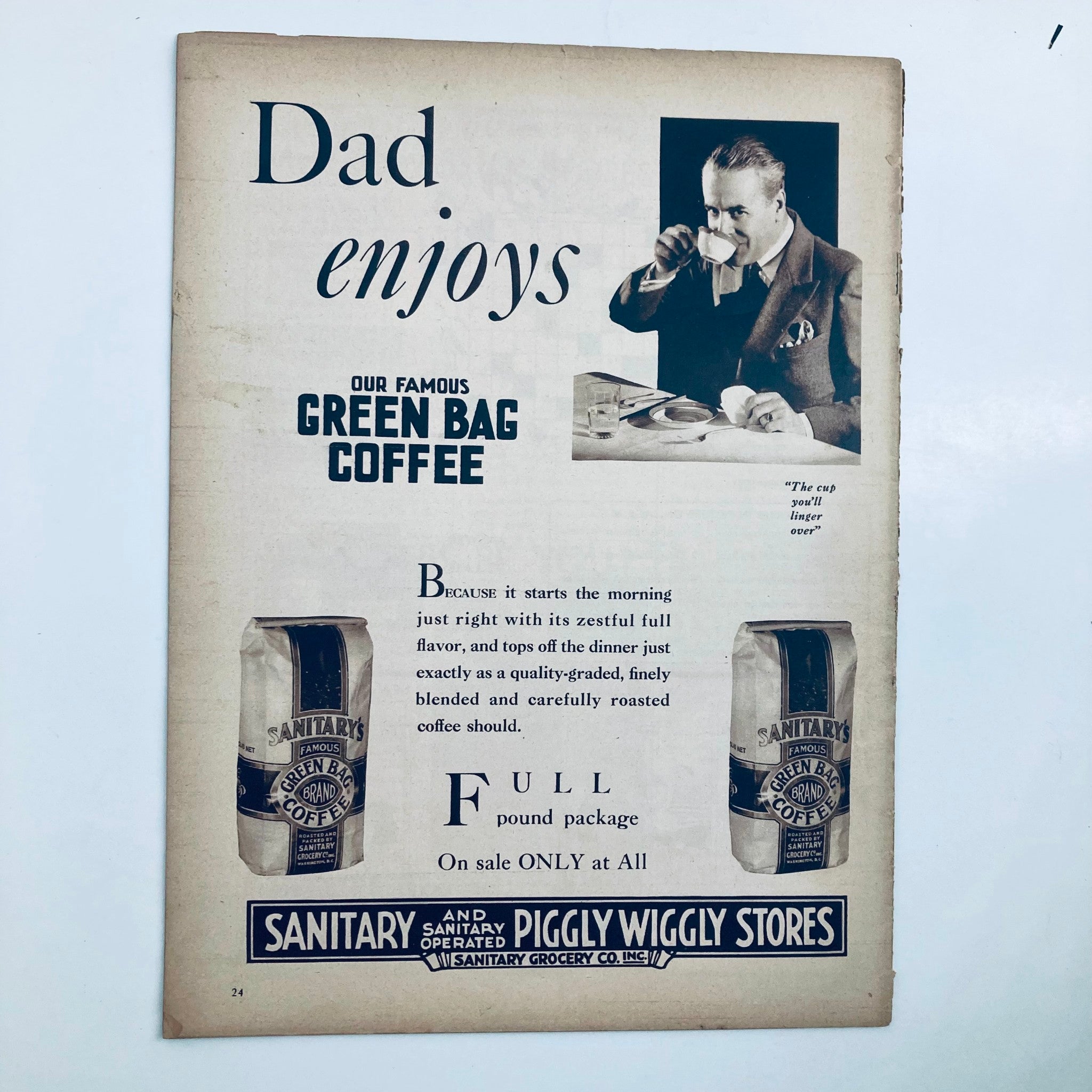 Advertisement page from VTG The Family Circle Magazine November 4, 1932, promoting Sanitary's Green Bag Coffee, reflecting vintage marketing styles of the era.