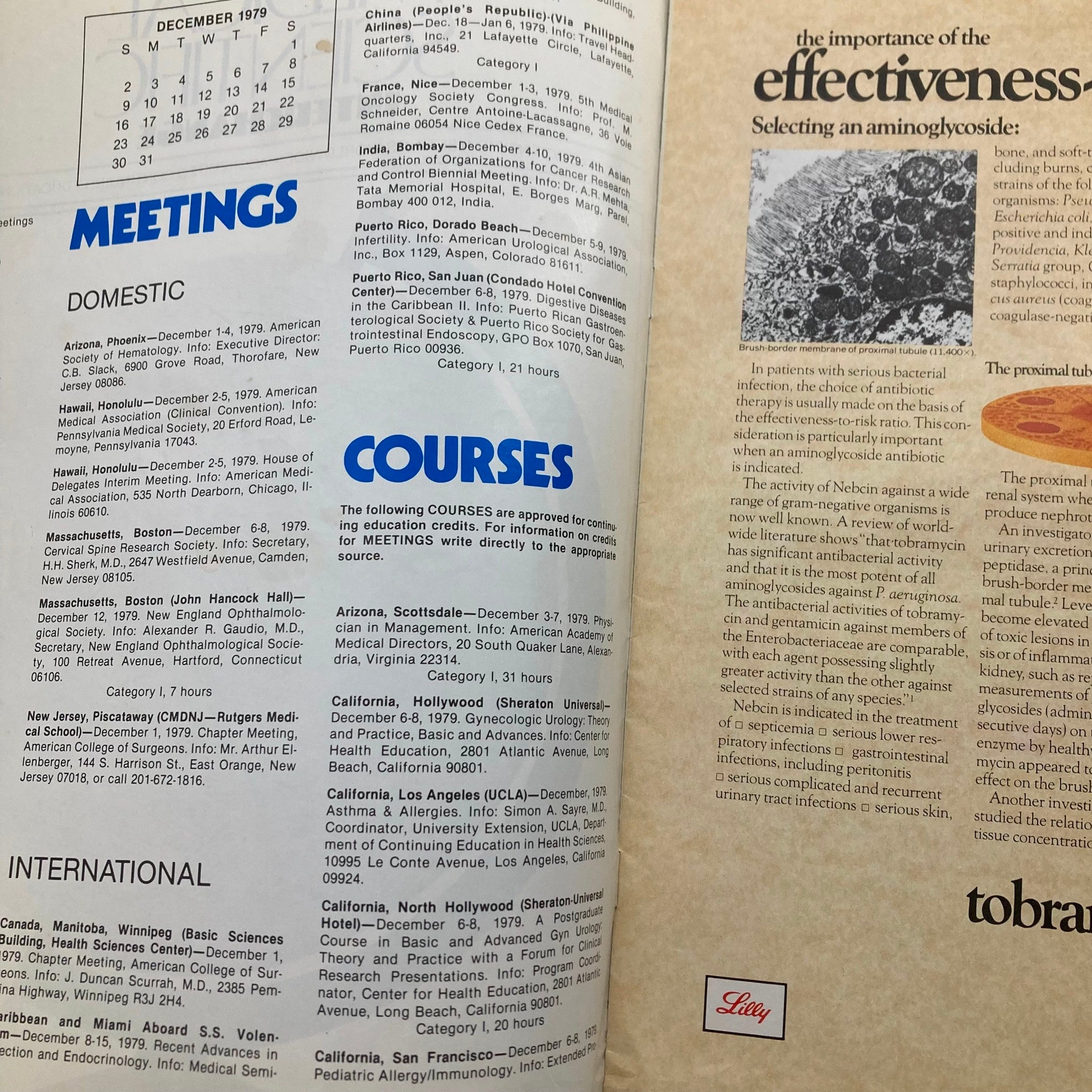 Inside page of the VTG Medical Scientific Interchange Magazine, December 1979, listing scientific meetings and courses with highlighted headings.