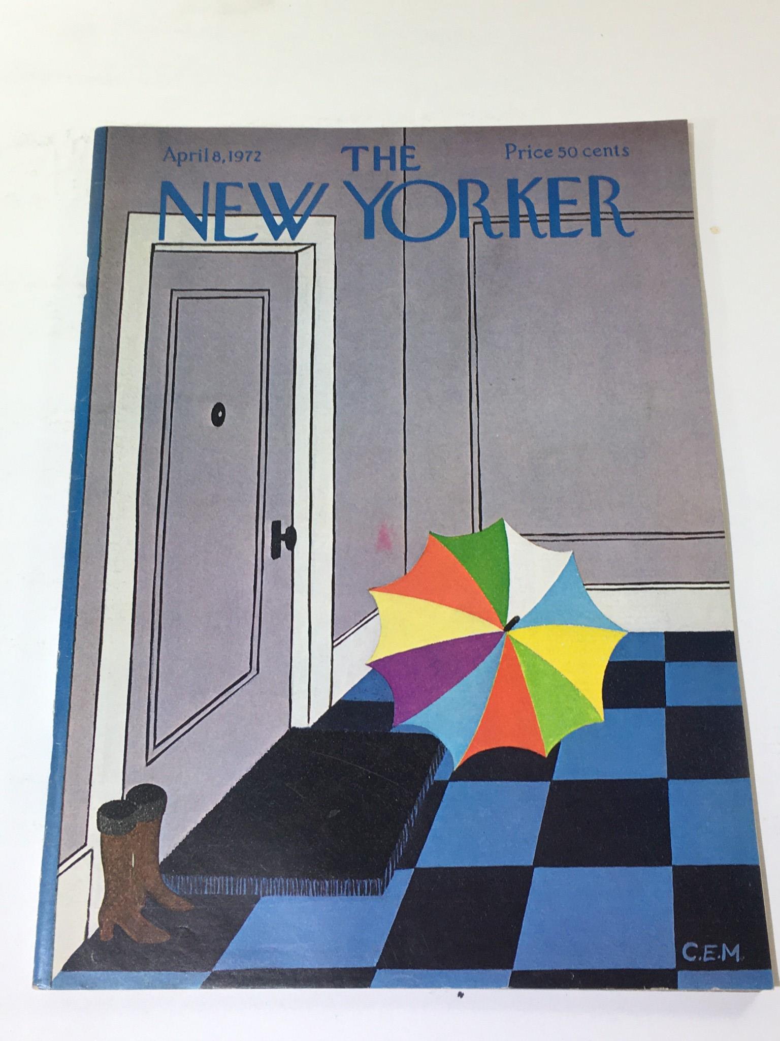 Cover of The New Yorker magazine from April 8, 1972, featuring an illustration of an umbrella and boots in a hallway, showcasing the art of Charles E. Martin.