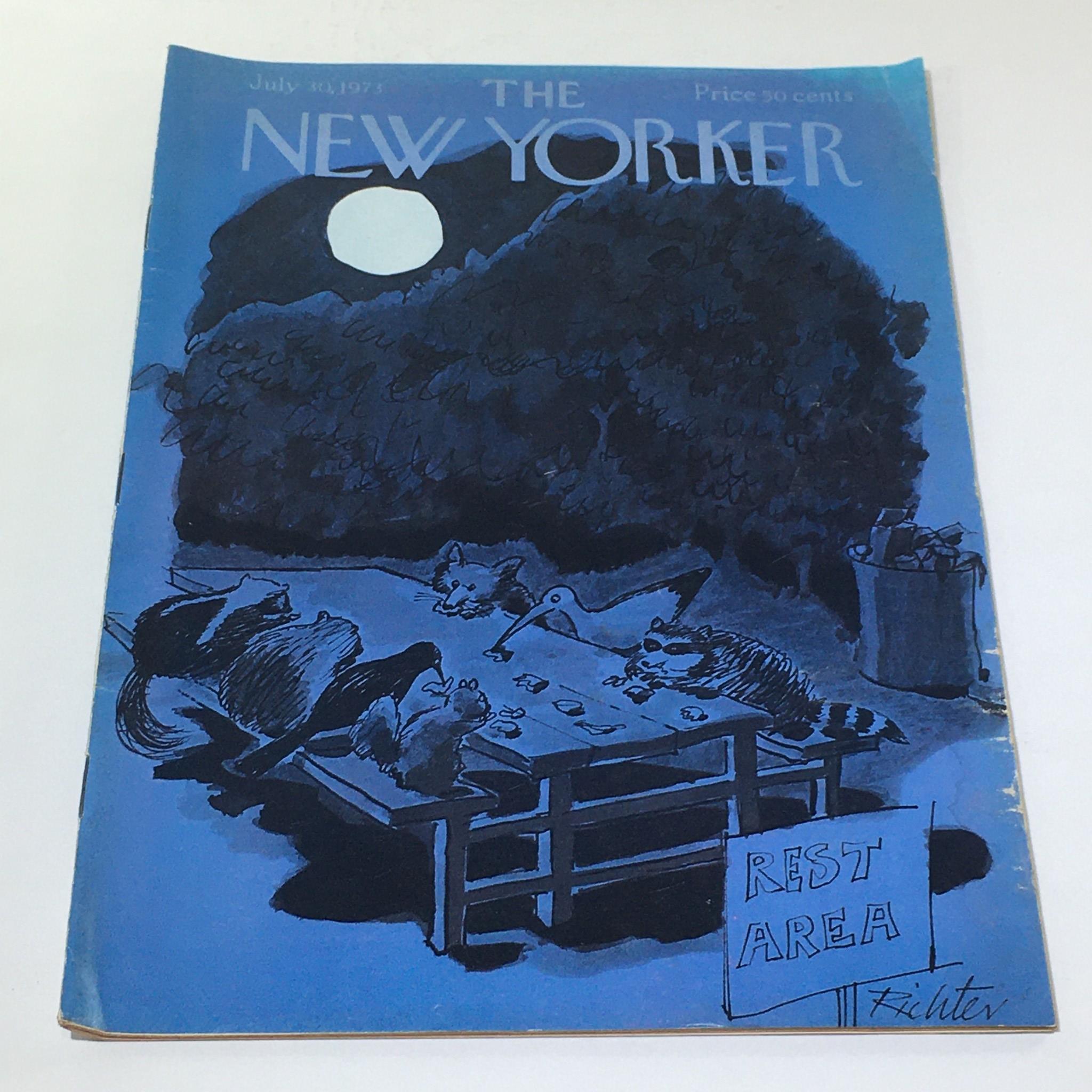 Cover of The New Yorker: July 30, 1973 featuring artwork by Mischa Richter, depicting animals gathered around a table under moonlight with a sign stating 'REST AREA'.