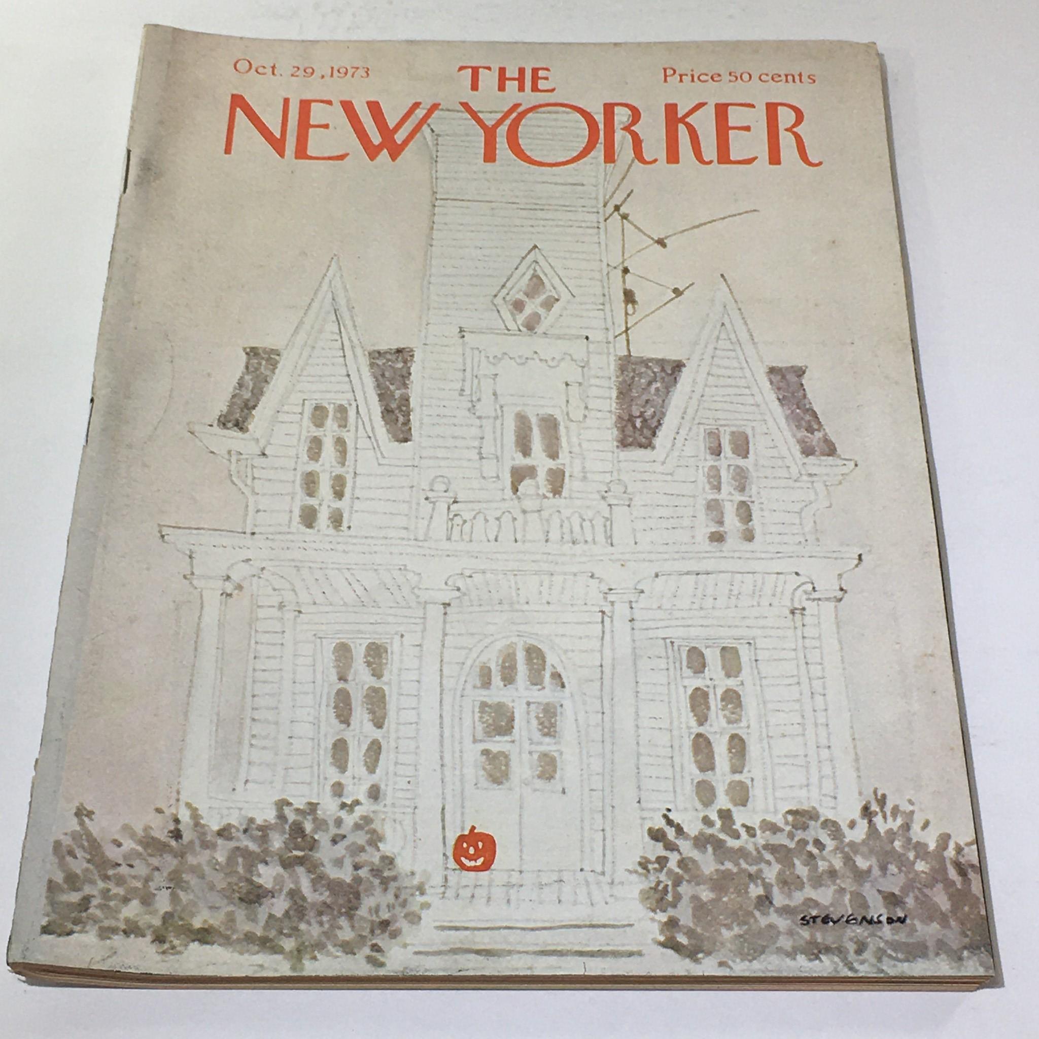 Cover of The New Yorker magazine from October 29, 1973, featuring an illustration by James Stevenson. The cover depicts a vintage house with a pumpkin, reflecting the theme of the fall season.