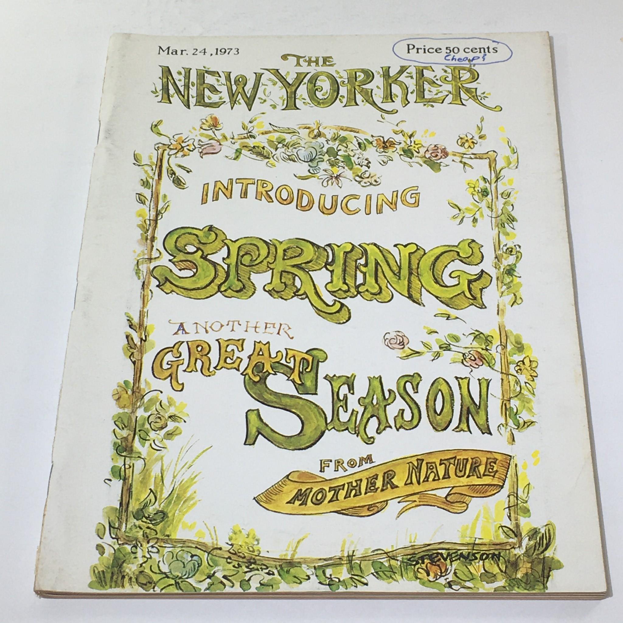 Cover of The New Yorker magazine from March 24, 1973, featuring vibrant artwork by James Stevenson and the theme 'Introducing Spring: Another Great Season from Mother Nature'.