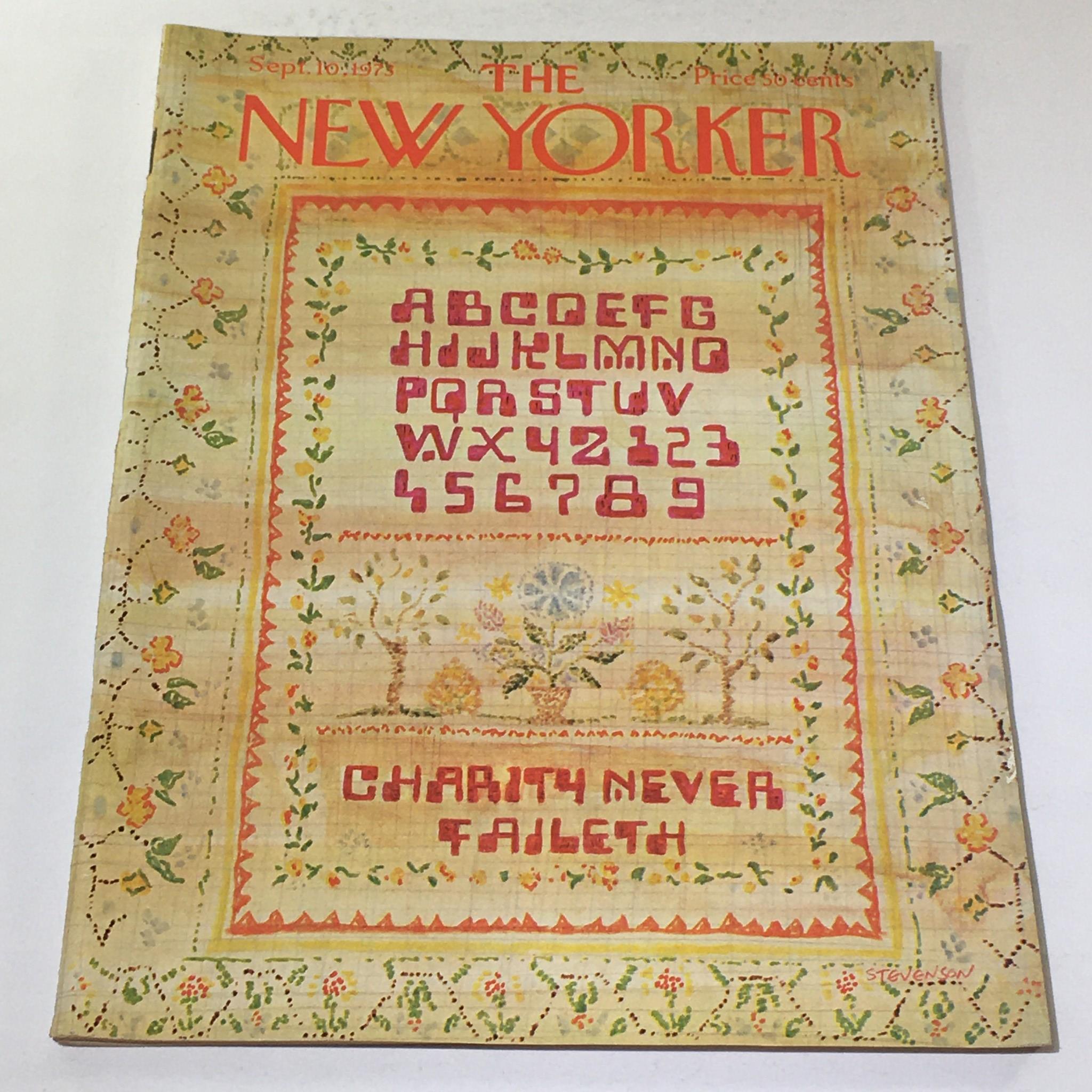 The New Yorker: September 10 1973 Full Magazine cover featuring decorative text and floral patterns by artist James Stevenson, illustrating the theme of charity with the phrase 'Charity Never Faileth' prominently displayed.