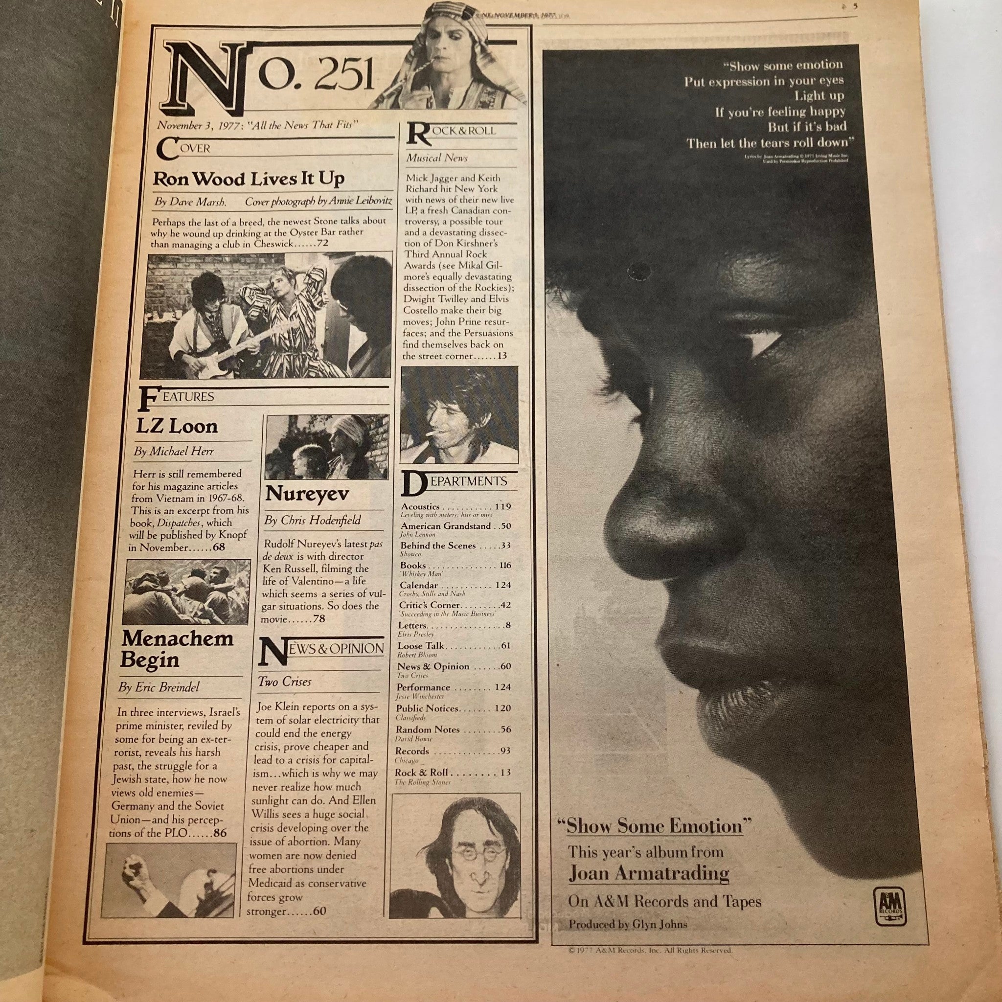 Interior page of Rolling Stone Magazine November 3 1977 Issue 251, displaying the contents and features, including Ron Wood's article and highlights of significant events in music and culture.