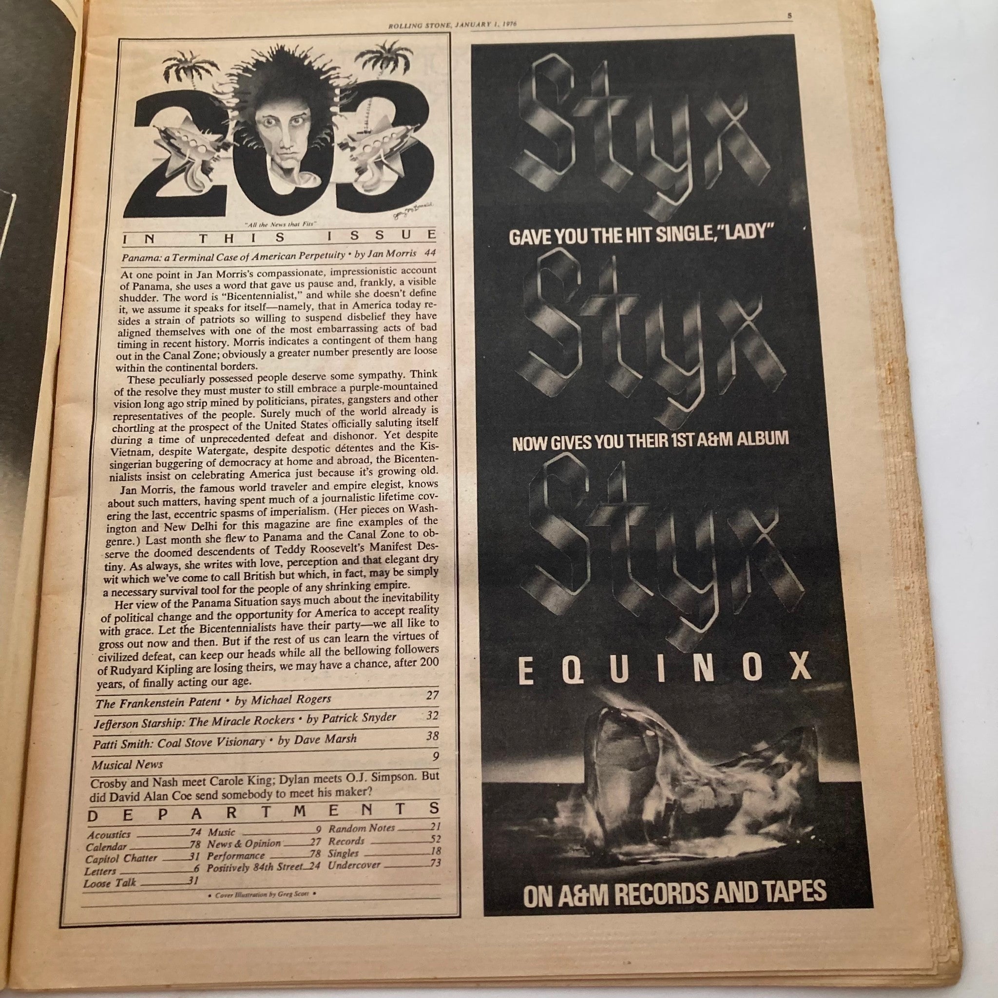 Inside page of Rolling Stone Magazine January 1 1976 Issue 203 displaying table of contents and features including Jefferson Starship and other notable artists.