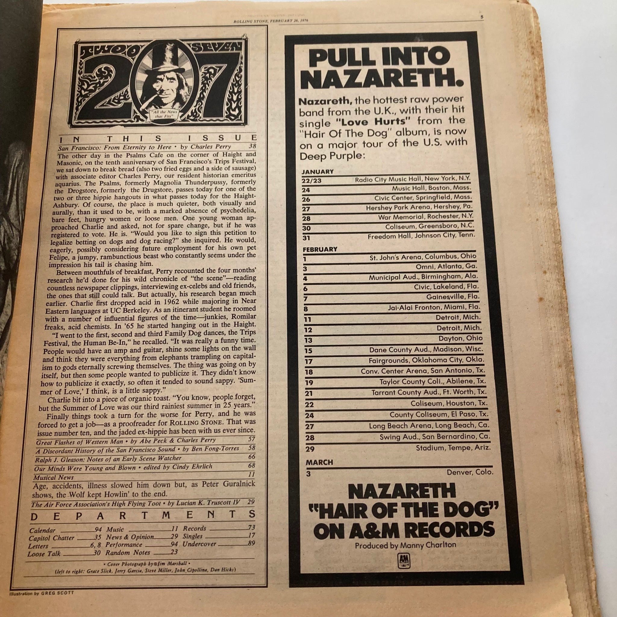 Interior page of the VTG Rolling Stone Magazine February 26, 1976 Issue 207 showcasing an article listing featuring upcoming events and a focus on Nazareth, reflecting the vibrant music scene of the time.