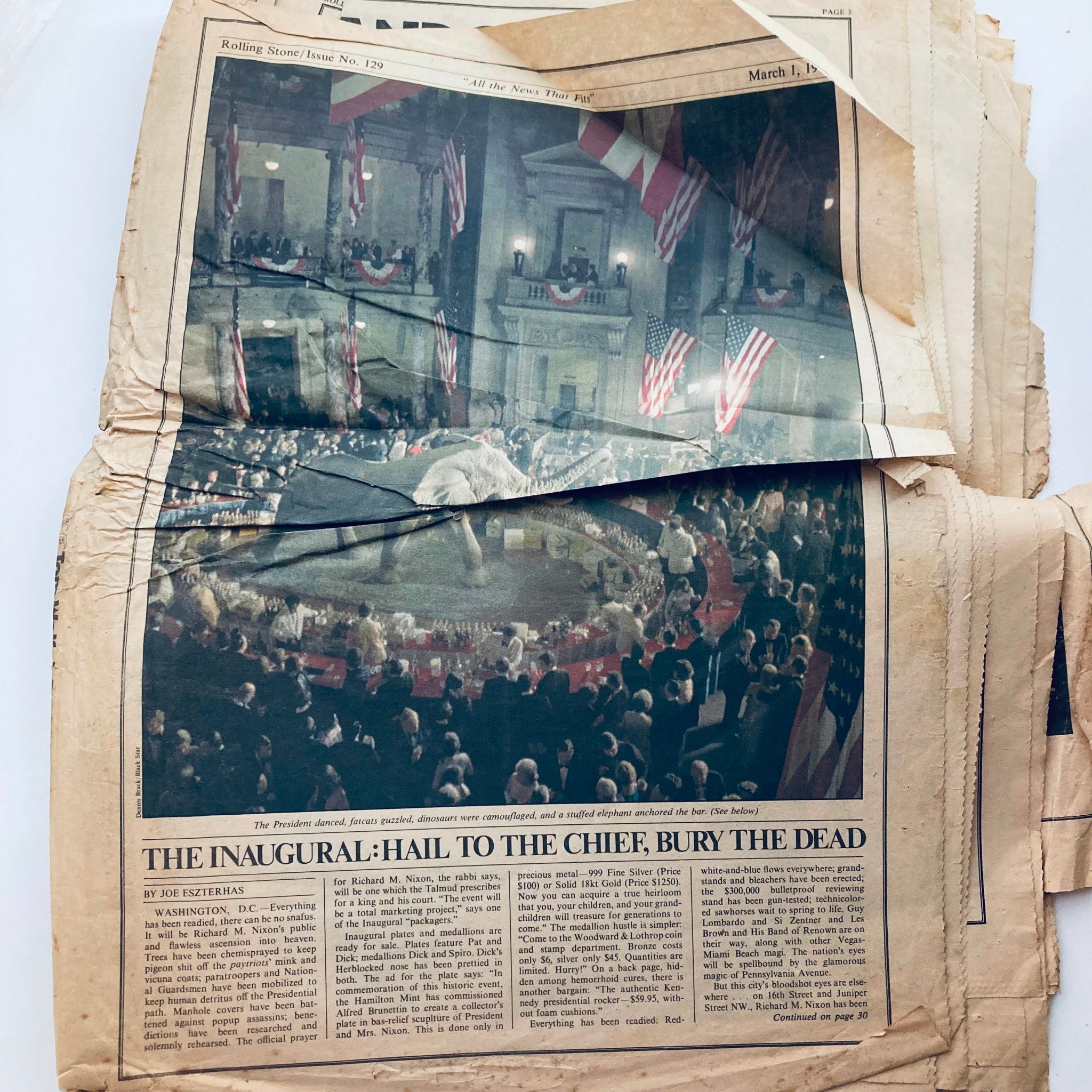 Inside page of the Vintage Rolling Stone Magazine March 1 1973 Issue 129 showcasing a feature on a presidential inaugural event, highlighting the significance of political moments in the era.