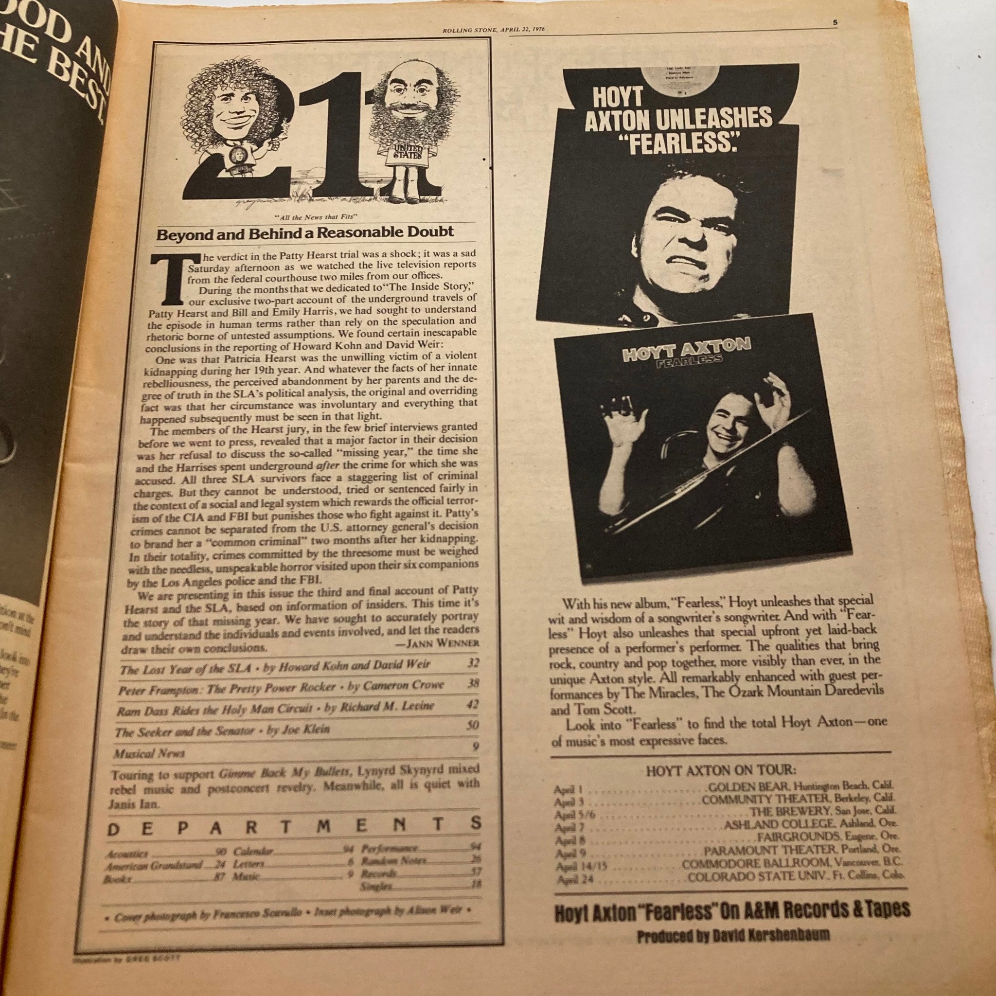 Inside page from the VTG Rolling Stone Magazine April 22, 1976 Issue 211 featuring articles and features related to the music scene, including notable personalities like Hoyt Axton and Peter Frampton. This page captures glimpses of the era’s rock culture.