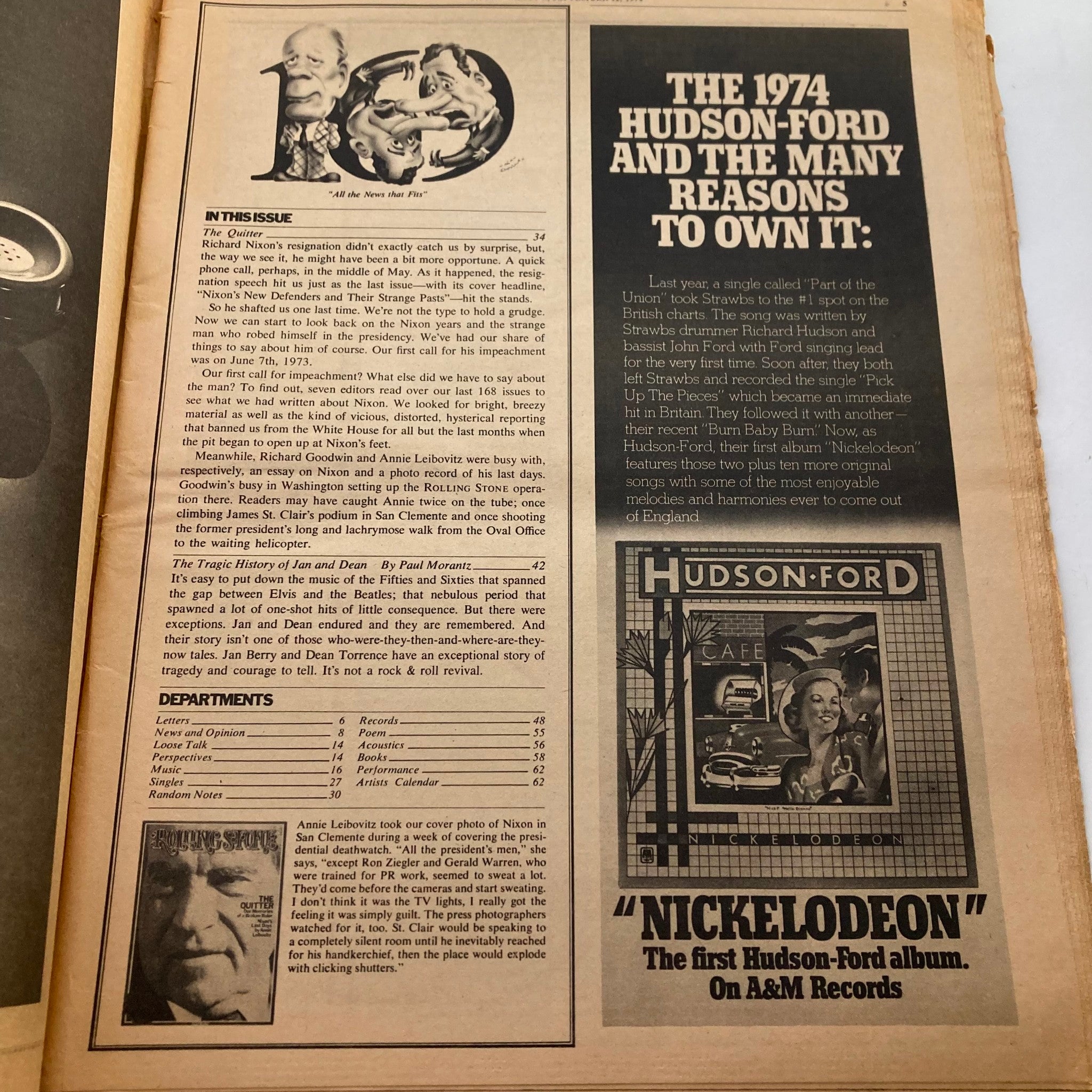 Inside page of the VTG Rolling Stone Magazine September 12, 1974 Issue 169 featuring articles discussing Richard Nixon's resignation and mentions of Hudson-Ford, along with various features of that era.