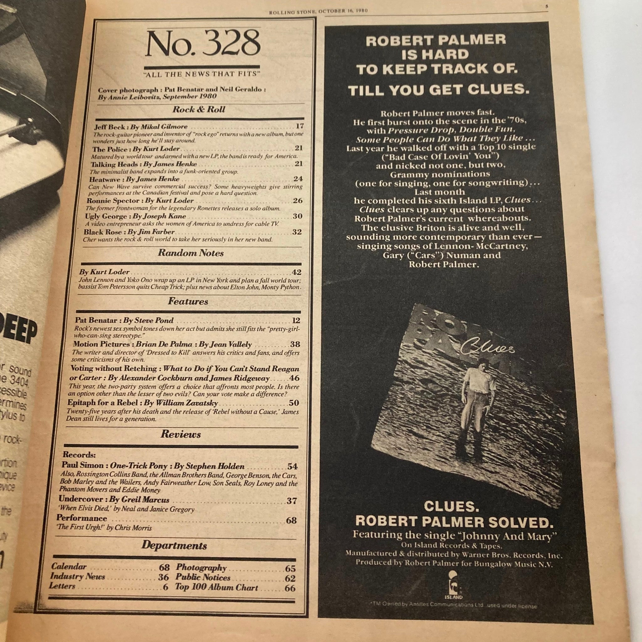 Inside page of VTG Rolling Stone Magazine October 16, 1980 Issue 328 showing the contents including features on Pat Benatar and Brian De Palma, reflecting the music culture of the early 1980s.