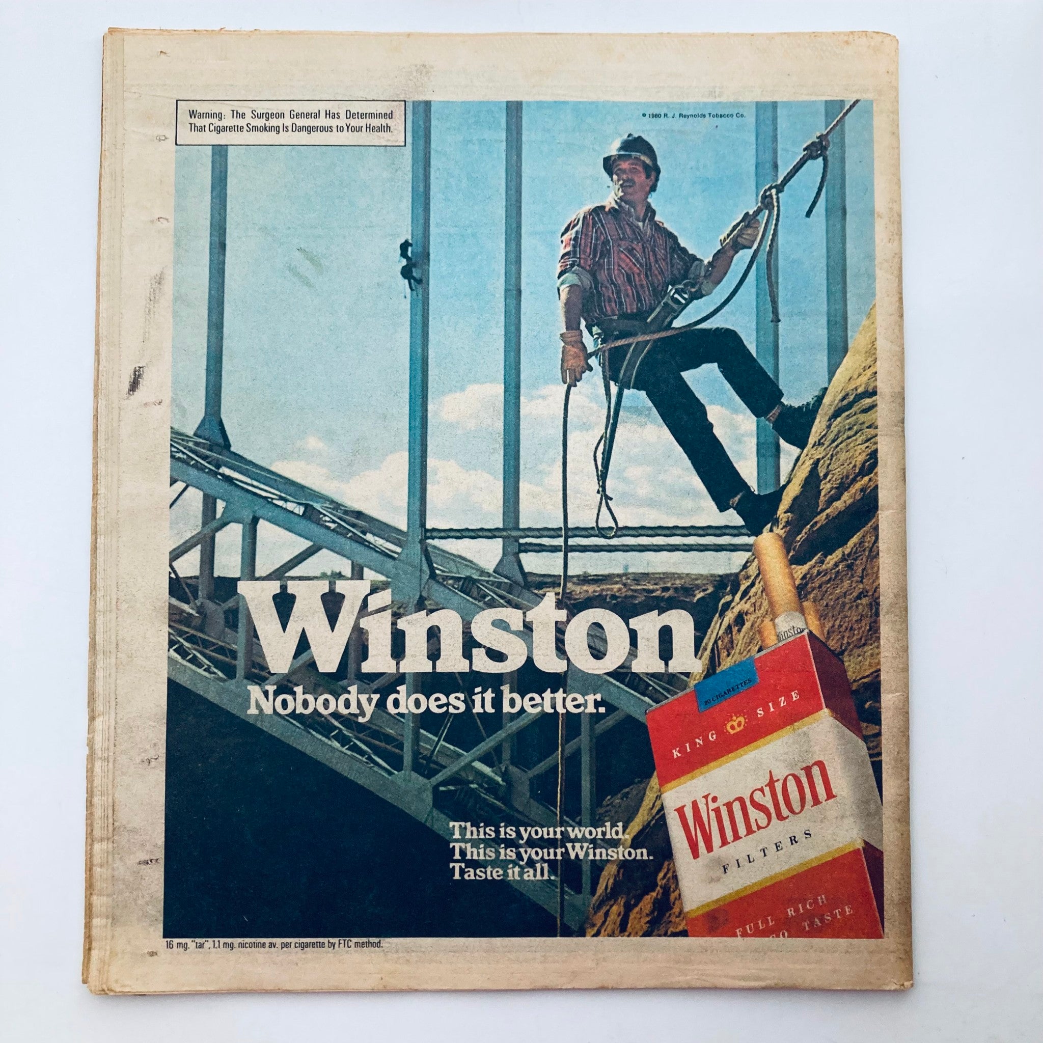 Back cover of VTG Rolling Stone Magazine October 16, 1980 Issue 328 featuring a Winston advertisement, illustrating the marketing trends during the 1980s.