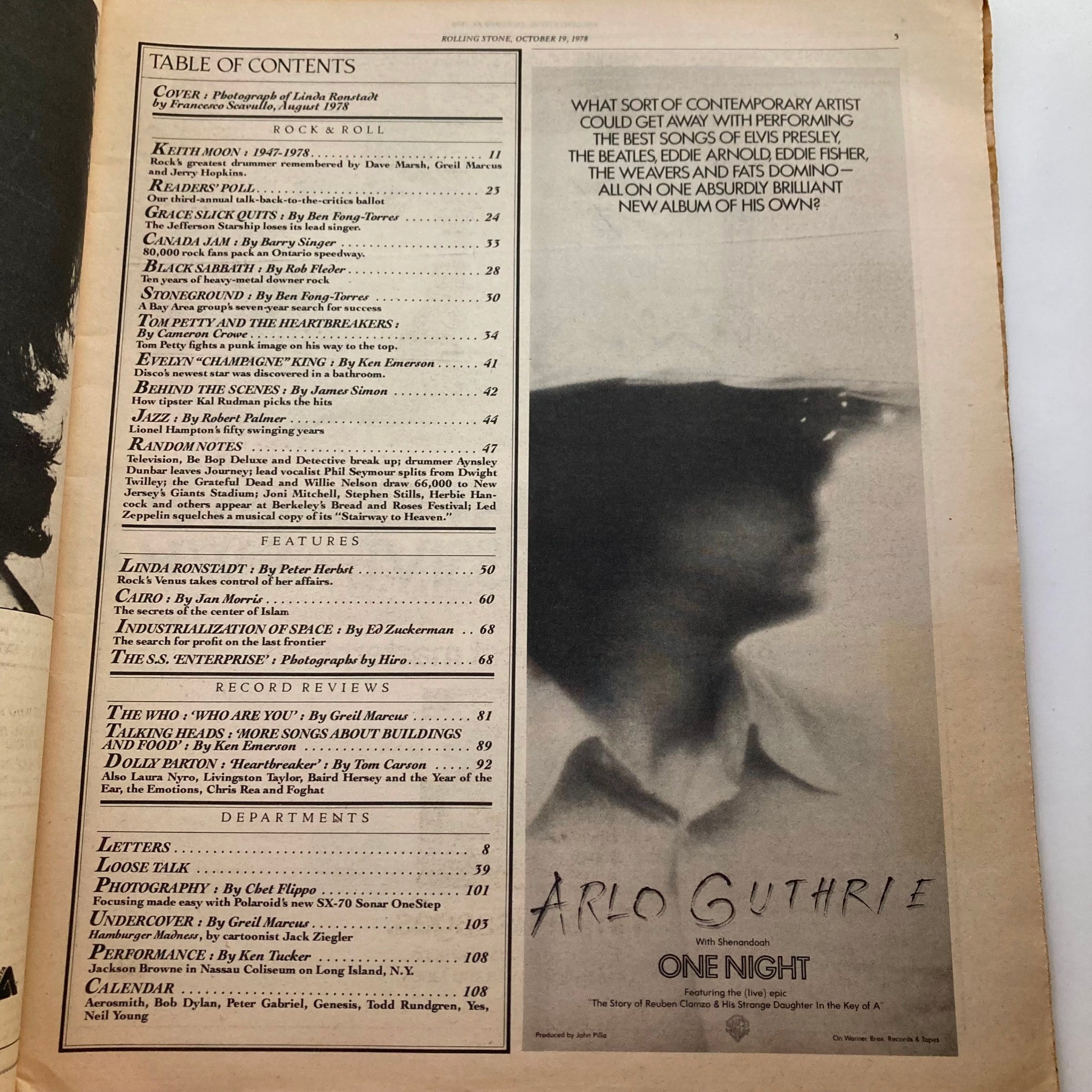 Table of contents from Rolling Stone Magazine October 19 1978 Issue 276, featuring articles about Linda Ronstadt and the music scene of the late 1970s.