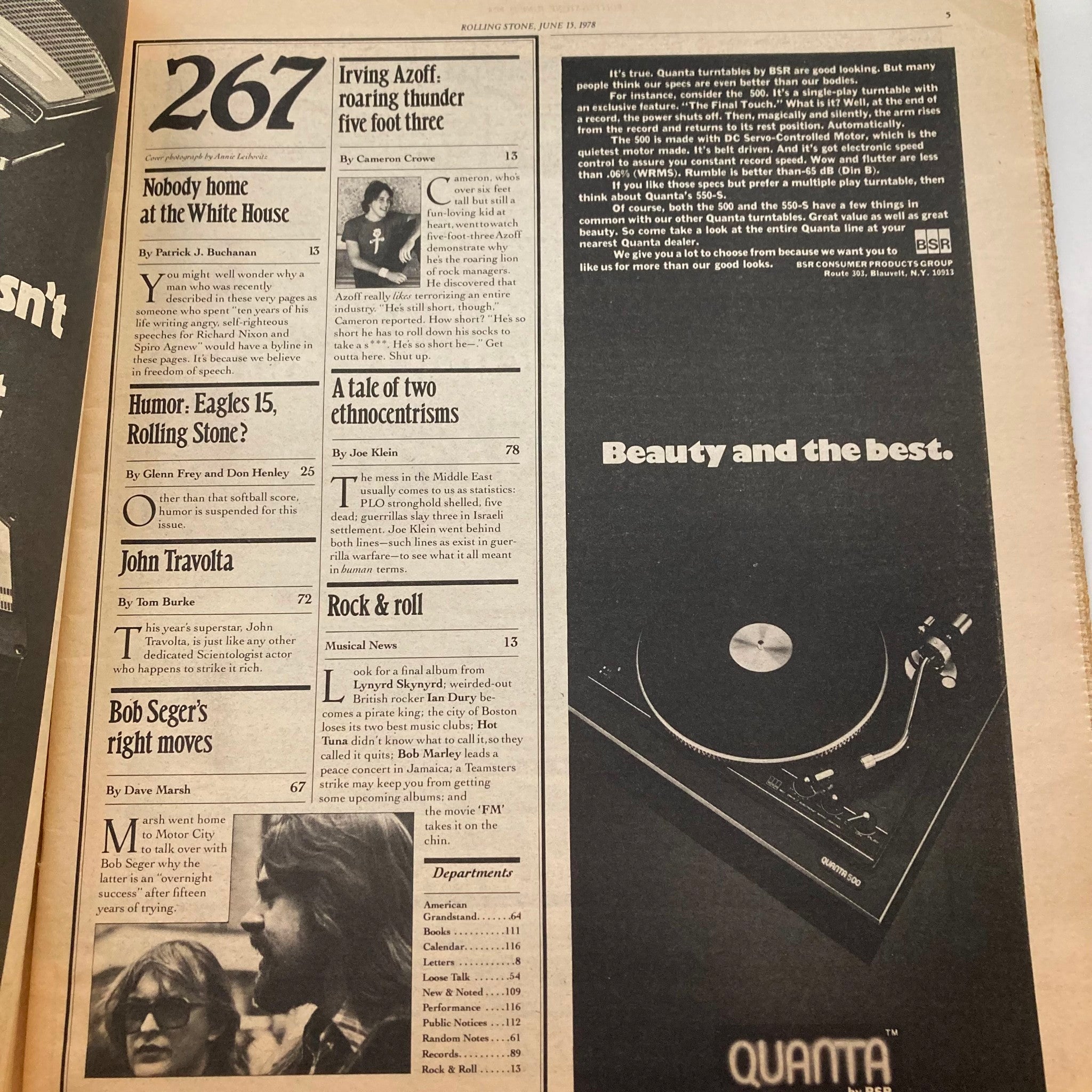 Page from Rolling Stone Magazine June 15 1978 Issue 267 showcasing the table of contents with articles including features on John Travolta, Bob Seger, and humor regarding Eagles and Rolling Stone.