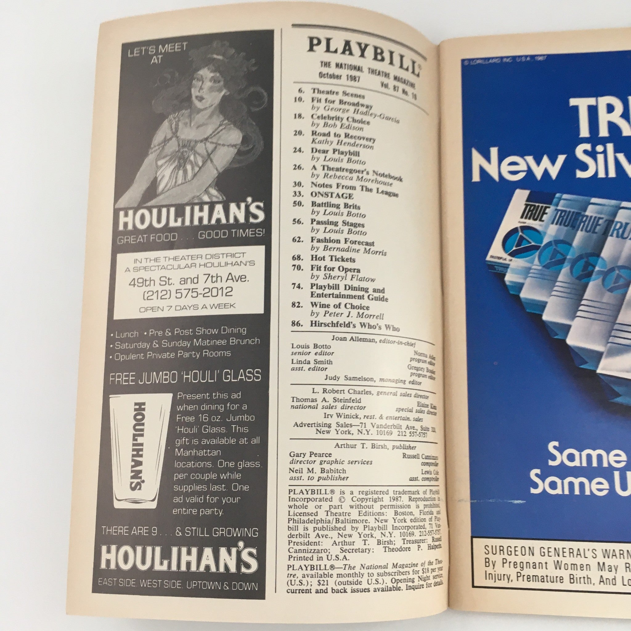 Inner page of the 1987 Playbill for Birds of Paradise showcasing advertisements and listings.