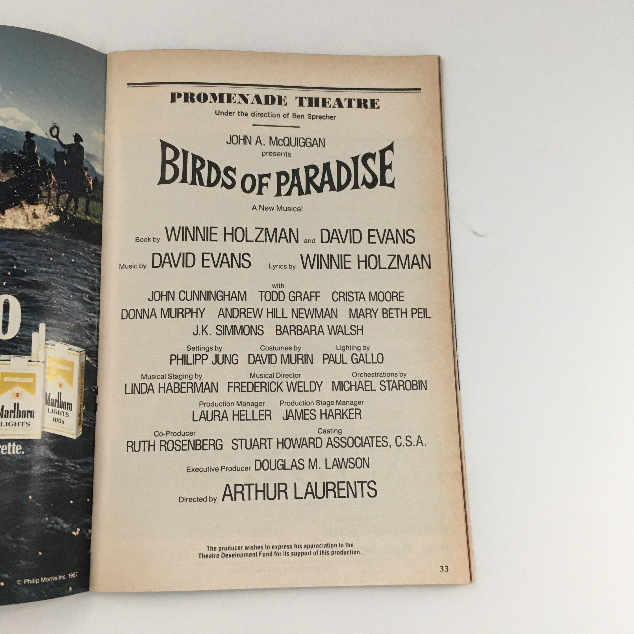 Details page of the 1987 Playbill for Birds of Paradise including production credits and cast.