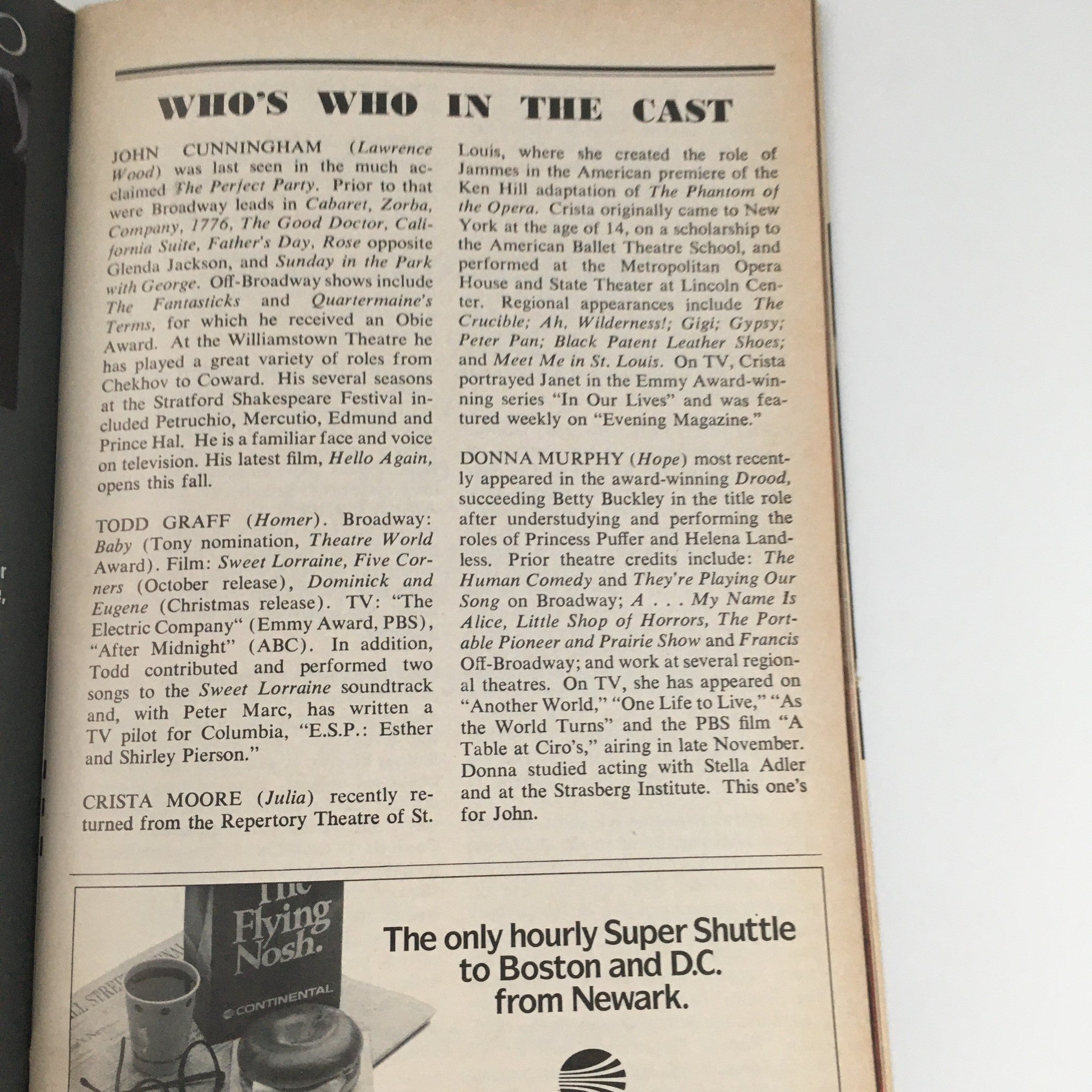 1987 Playbill for 'Birds of Paradise' featuring cast biographies including John Cunningham and Todd Graff, showcasing an iconic moment in theater history.