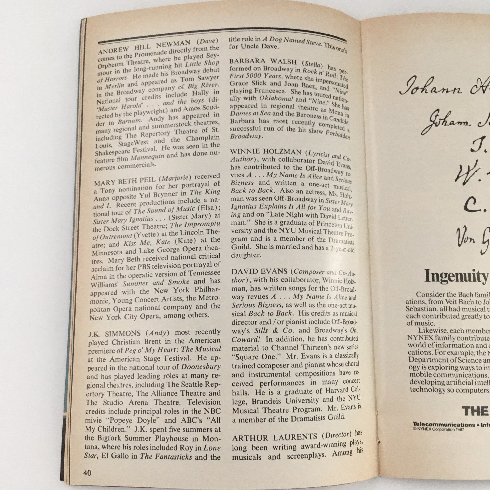 1987 Playbill for 'Birds of Paradise' featuring biographical details of cast members Andrew Hill Newman, Mary Beth Peil, and J.K. Simmons, celebrating theatrical achievements.