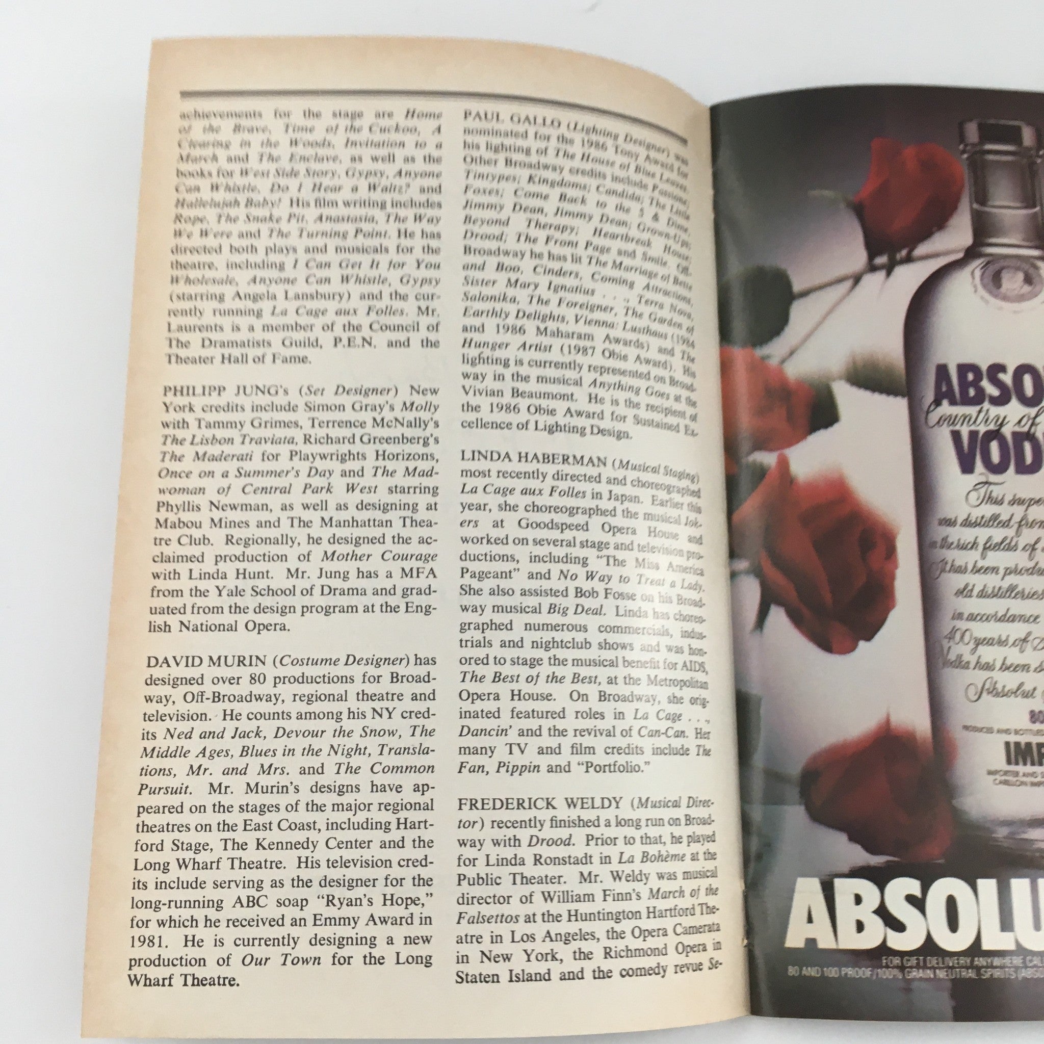 1987 Playbill for 'Birds of Paradise' highlighting design and direction credits, including contributions from Philip Jung and David Murin in a historical context.