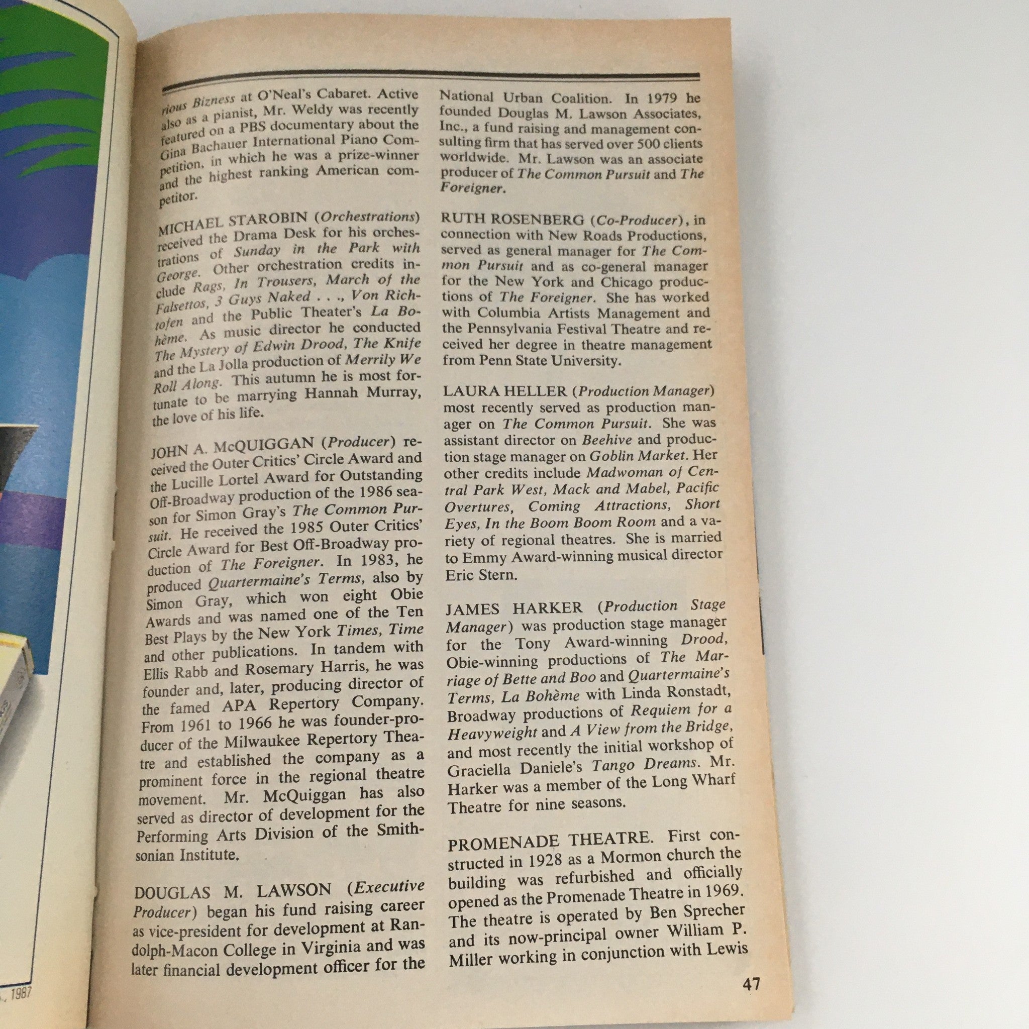 1987 Playbill for 'Birds of Paradise', detailing production roles and theater history, emphasizing the Promenade Theatre's significance in Broadway.