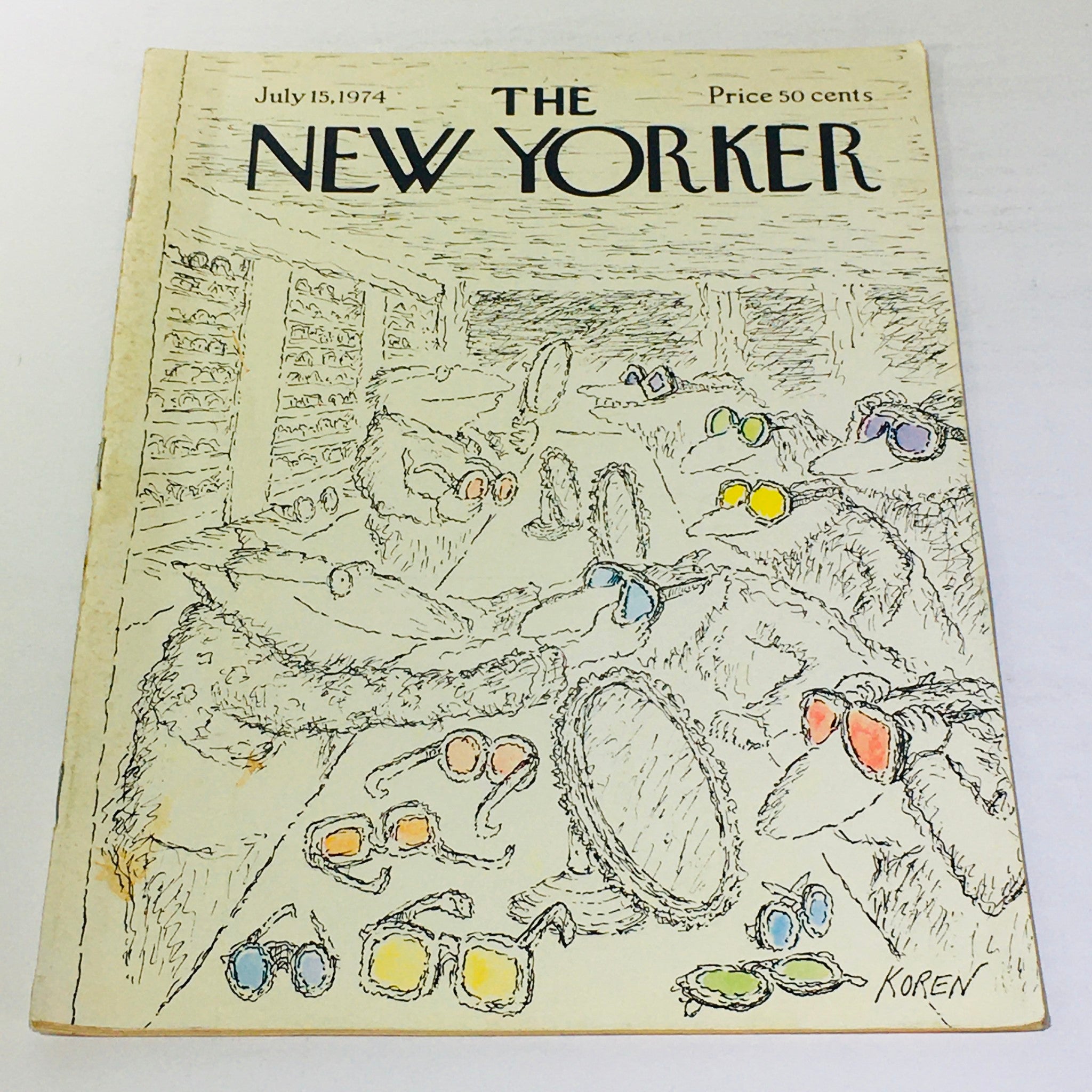 Cover of The New Yorker: July 15 1974 featuring a whimsical illustration by Ed Koren depicting animals wearing sunglasses in a store setting.