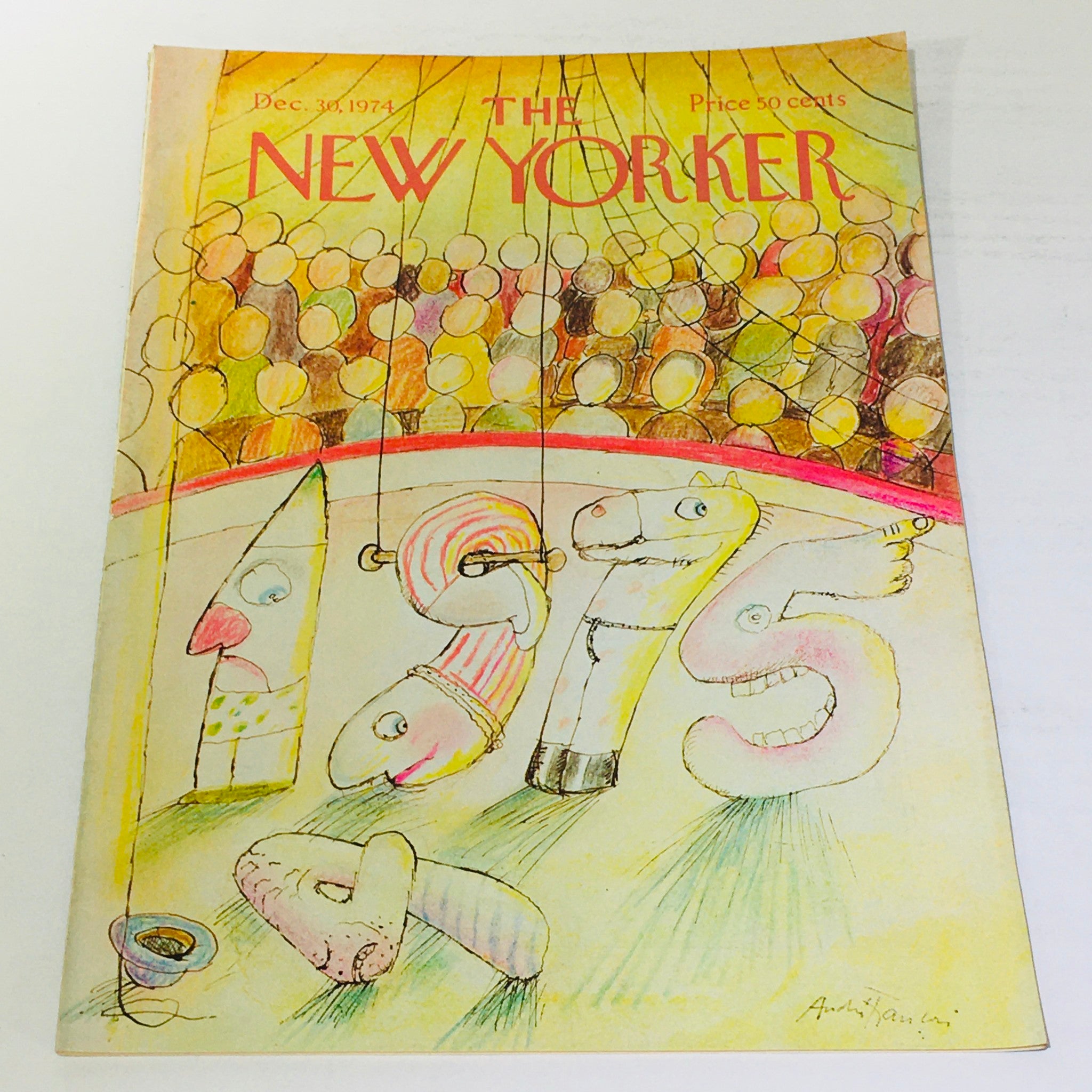 The New Yorker: December 30 1974 Full Magazine cover by Andre Francois, featuring whimsical illustrations of numbers and characters in vibrant colors.
