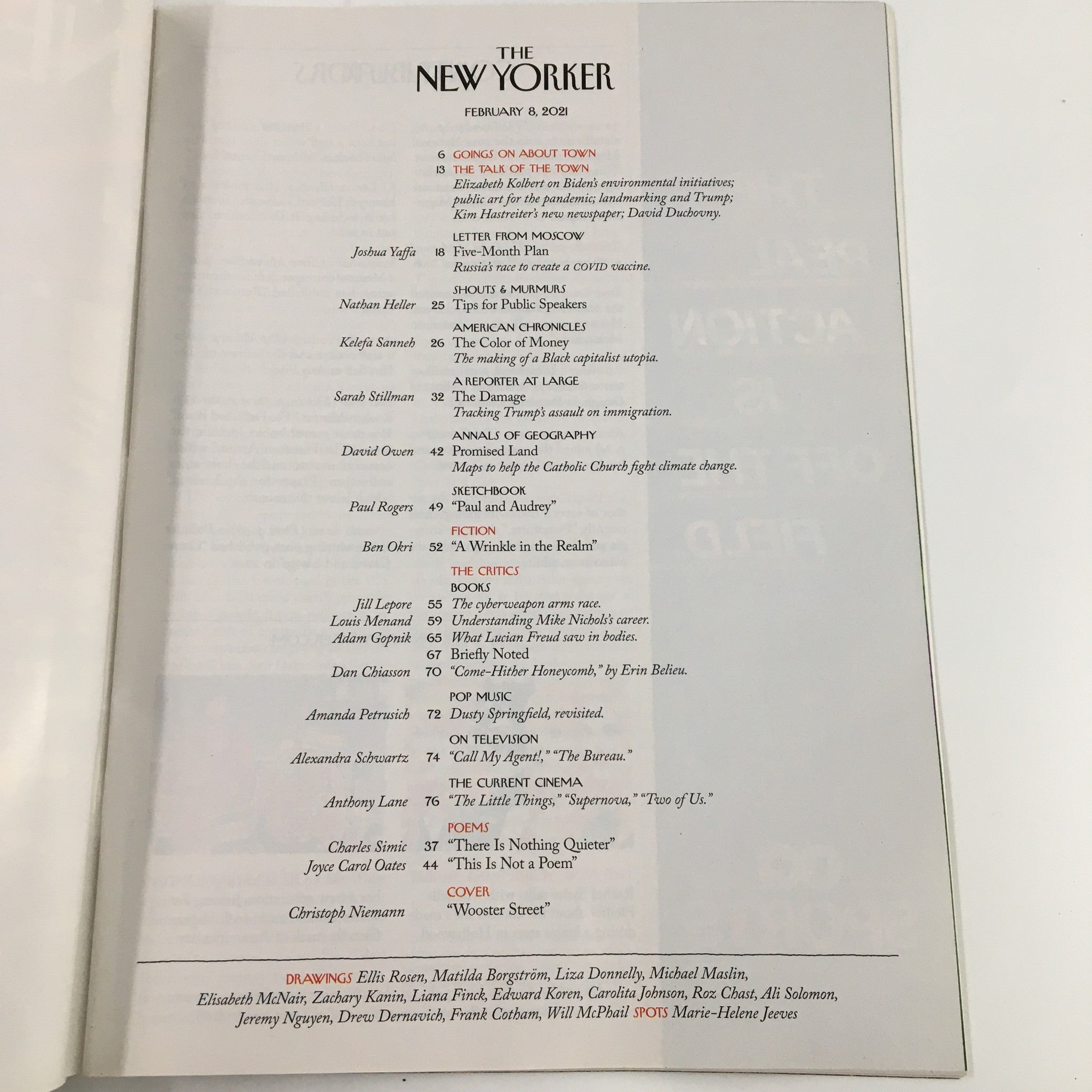 Table of contents for The New Yorker Full Magazine February 8, 2021, featuring articles and contributions from various authors, including cover illustration by Christoph Niemann titled 'Wooster Street'.