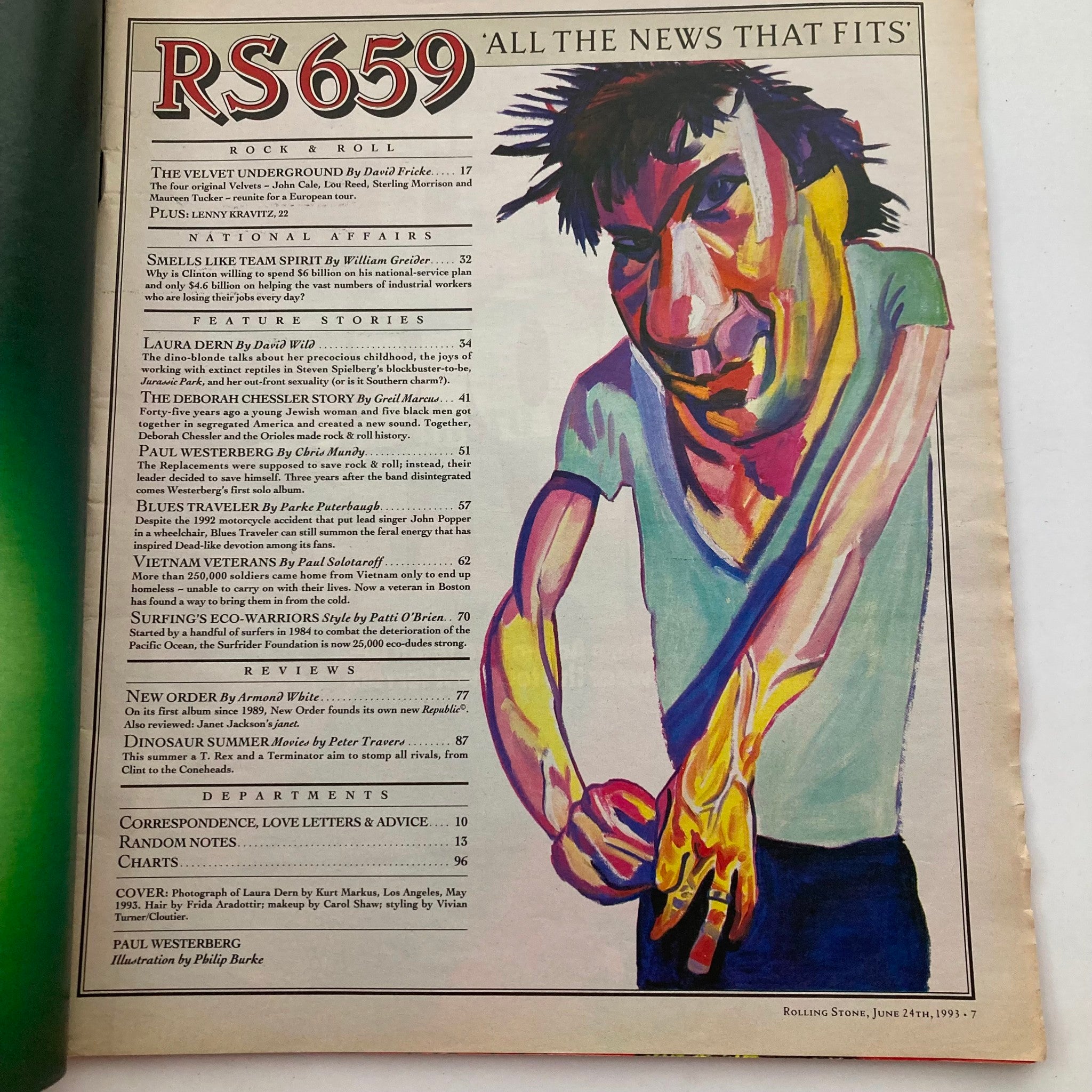 Table of contents page from Rolling Stone Magazine June 24, 1993, Issue 659, showcasing featured stories including Laura Dern.