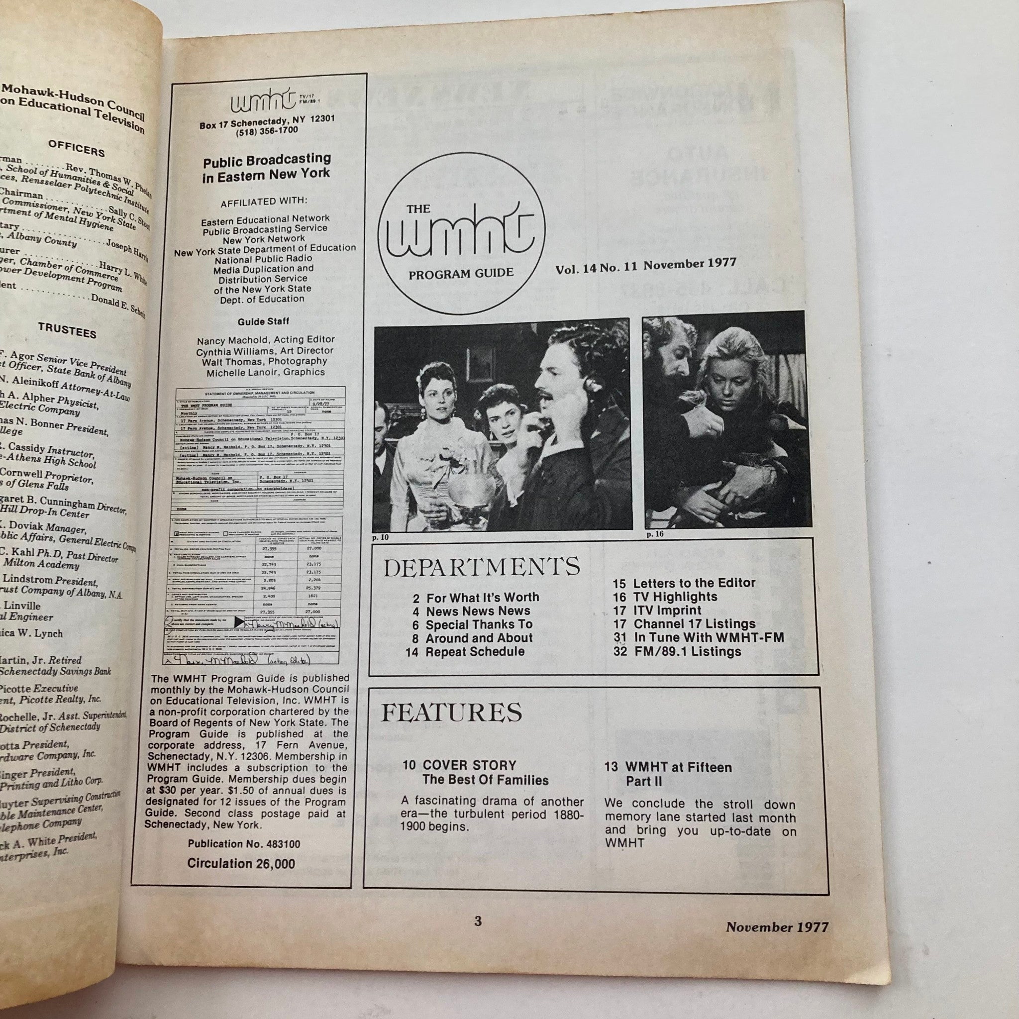 Interior page of the VTG WMHT Program Guide Magazine November 1977, displaying the contents and features including 'The Best of Families' cover story and program listings.