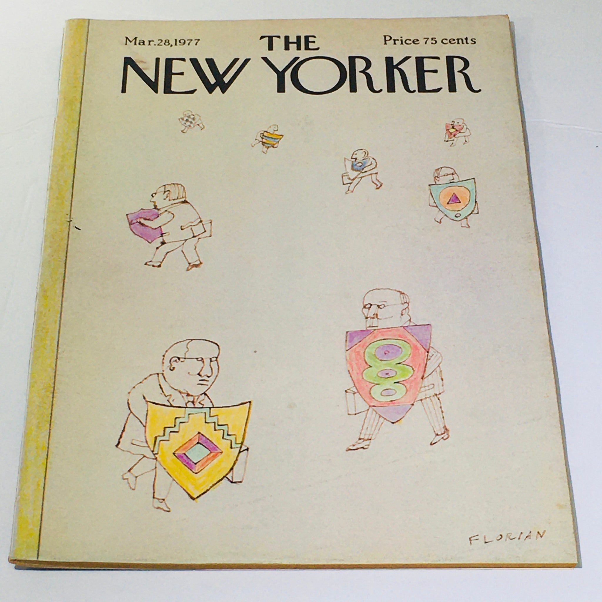 The New Yorker: March 28, 1977 - Full magazine cover featuring unique illustrations by Douglas Florian, depicting characters with shields, showcasing vintage art and design.