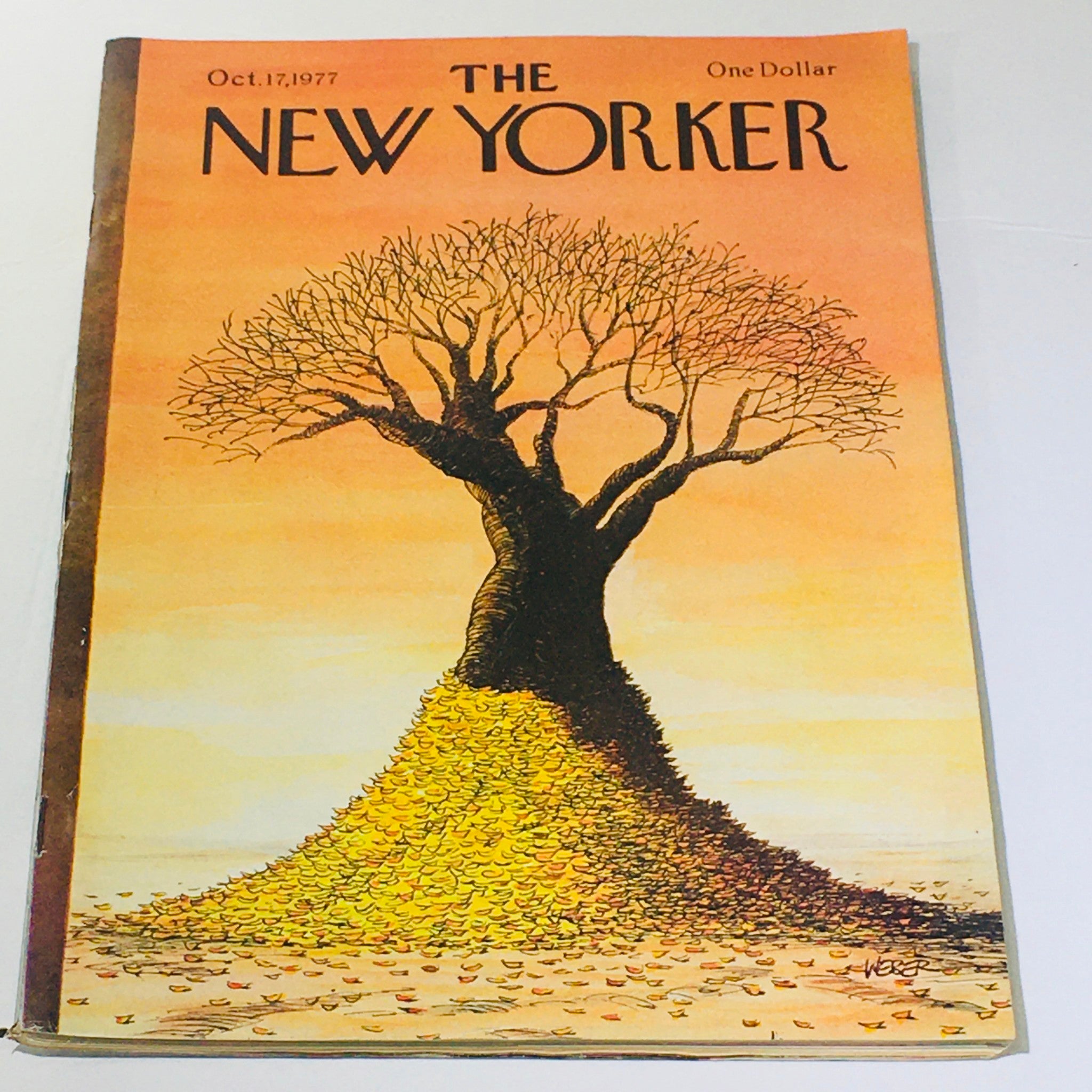 Cover of The New Yorker magazine from October 17, 1977, featuring a stylized tree on a mound of autumn leaves, illustrated by Robert Weber.
