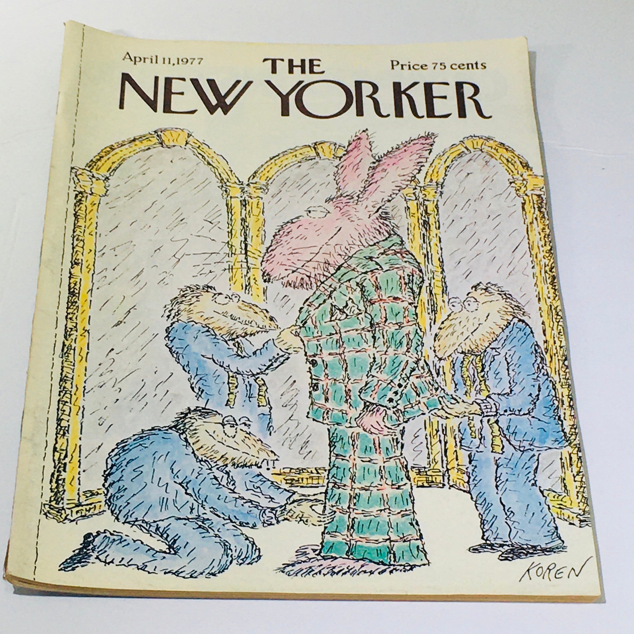 Cover of The New Yorker magazine from April 11, 1977, featuring theme cover art by Ed Koren, depicting whimsical characters with a rabbit in a suit.