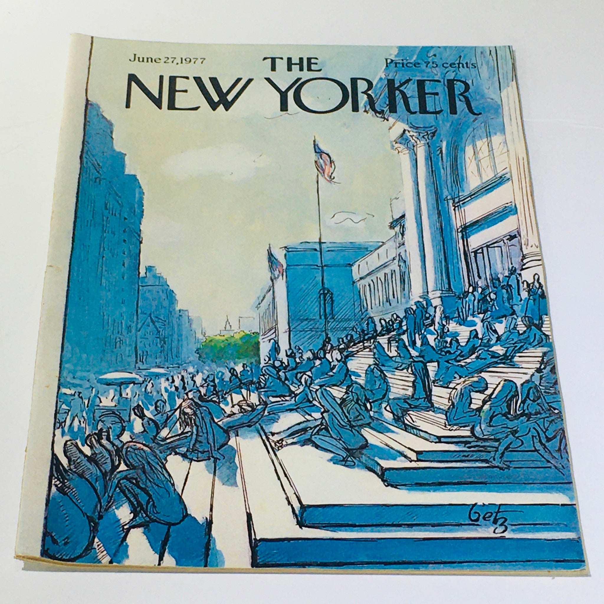 Cover of The New Yorker: June 27, 1977, featuring a colorful illustration by Arthur Getz depicting a lively scene with people on steps and city architecture.