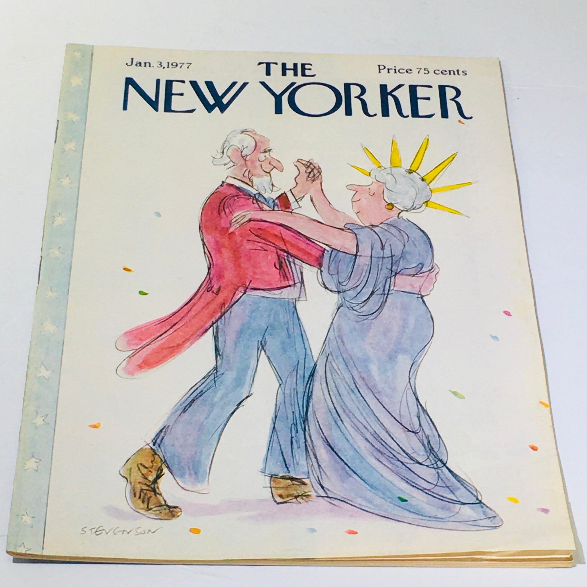 Cover of The New Yorker: January 3, 1977, featuring a whimsical illustration by James Stevenson of a couple dancing, symbolizing a nostalgic theme from the late 1970s.