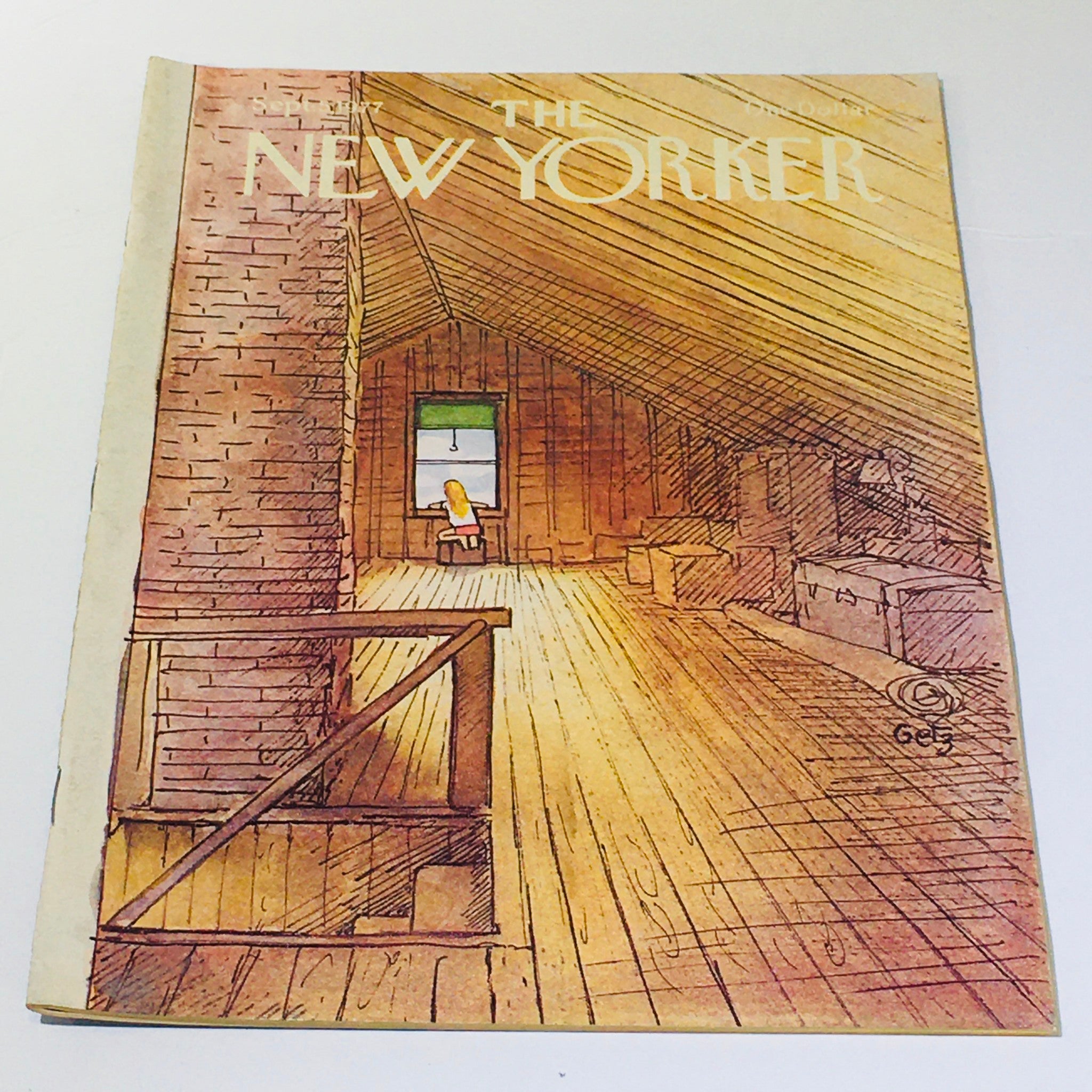 The New Yorker: September 5 1977 - Full magazine cover illustrated by Arthur Getz, depicting an inviting attic scene with wooden floors and a window view.