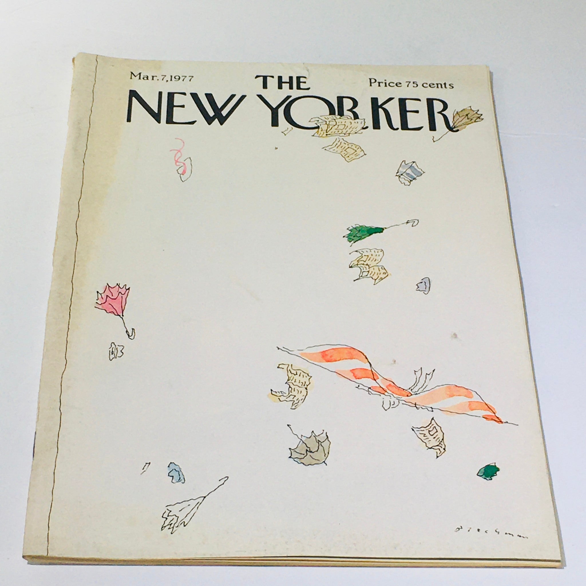 Cover of The New Yorker magazine from March 7, 1977, featuring a theme cover illustration by R.O. Blechman with colorful leaves and artistic elements.