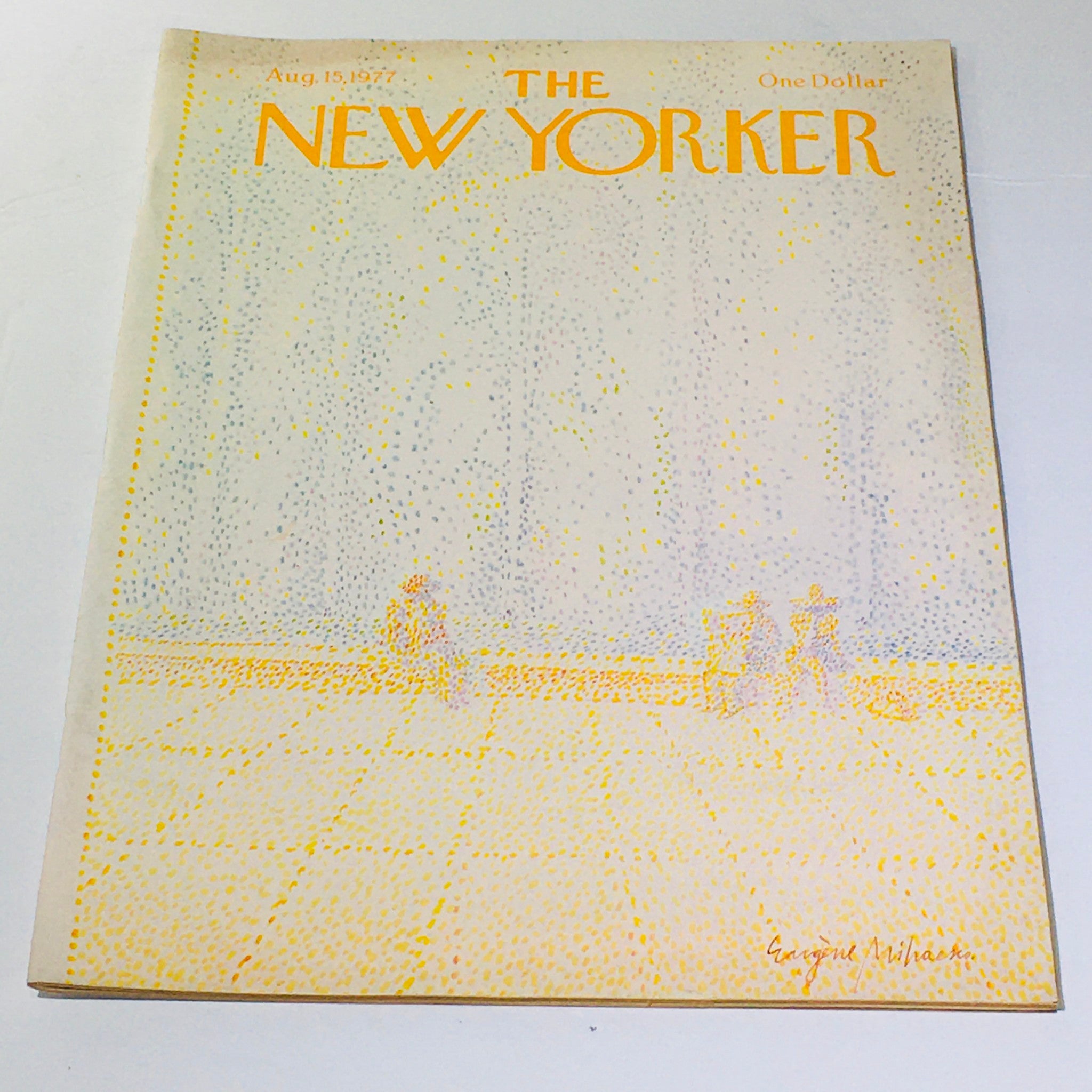 Cover of The New Yorker: August 15, 1977 featuring theme art by Eugene Mihaesco, depicting a stylized scene with figures in soft colors.