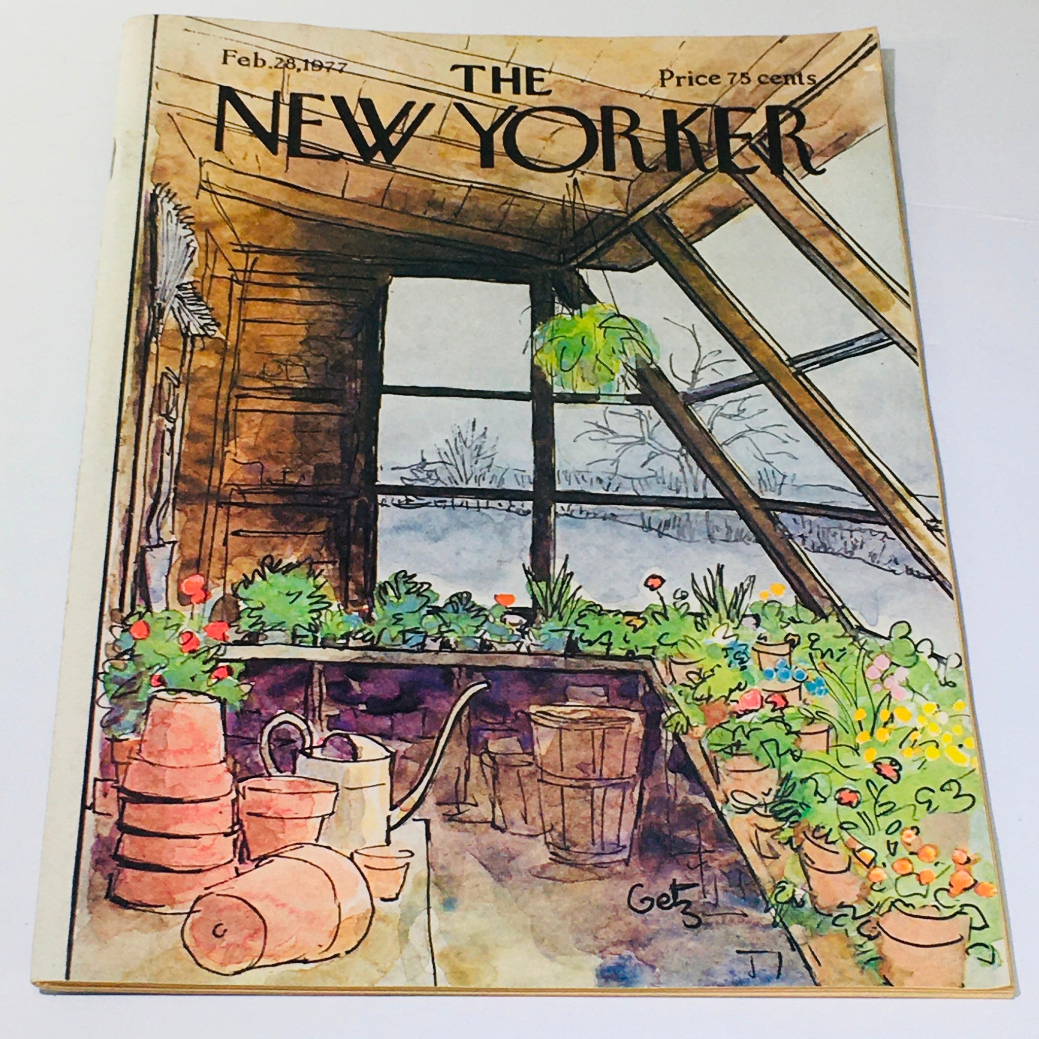 Cover of The New Yorker dated February 28, 1977, featuring an illustration by Arthur Getz depicting a serene indoor scene with potted plants and gardening tools.