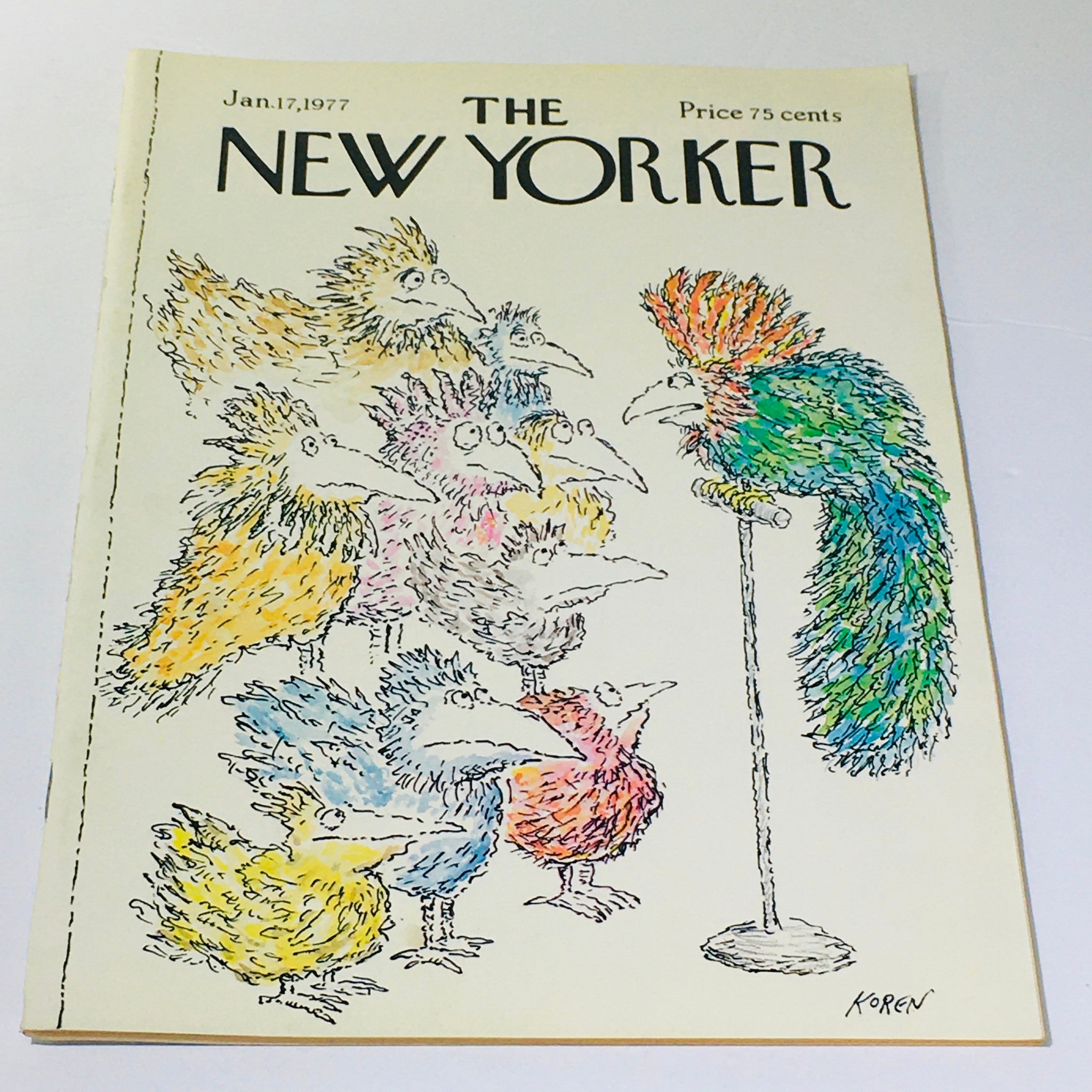 Cover of The New Yorker: January 17, 1977, featuring whimsical illustrated birds by Ed Koren, showcasing vibrant colors and charming artwork.
