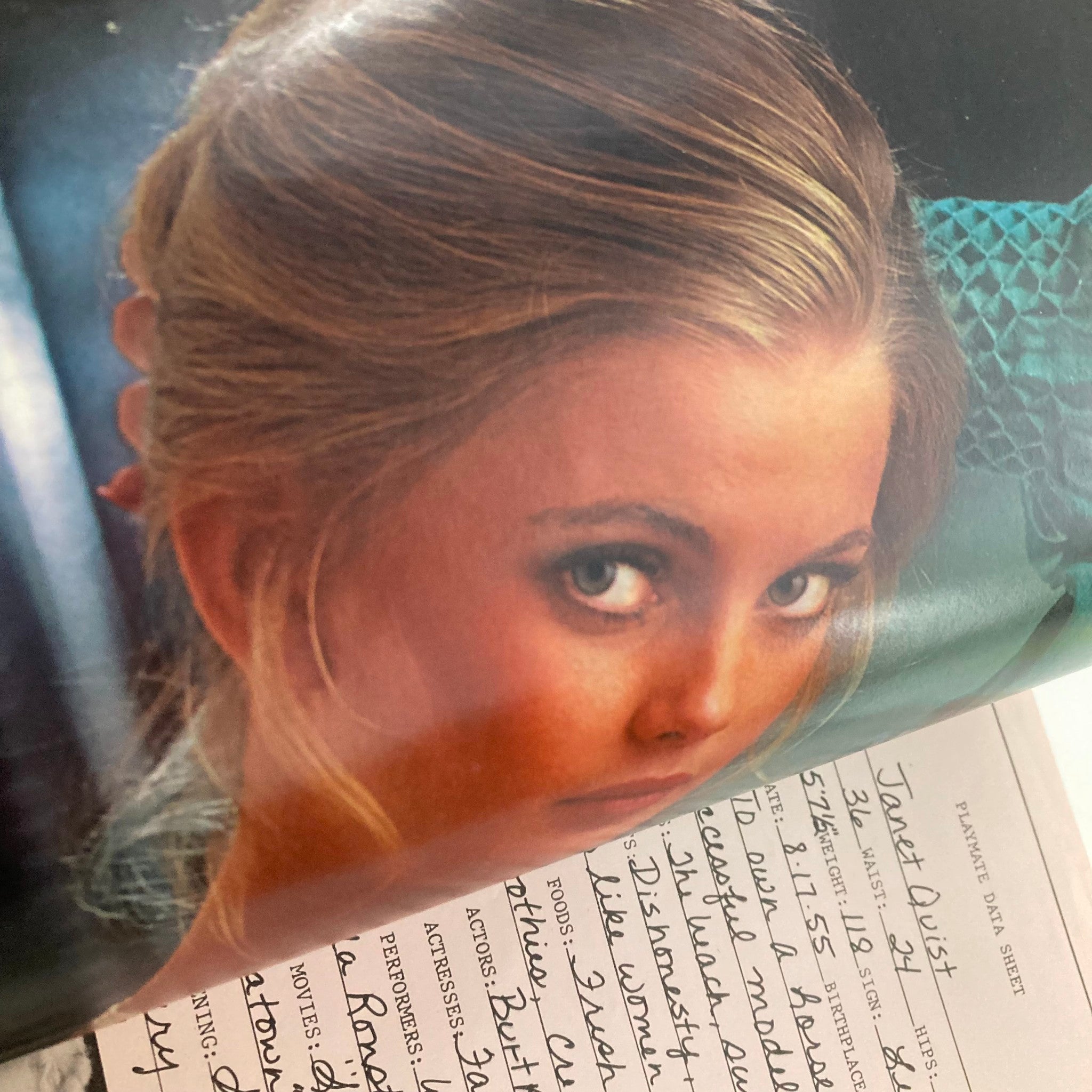 Inside view of VTG Playboy Magazine December 1978, highlighting a close-up image of Playmate Janet Quist with details of her profile data sheet.