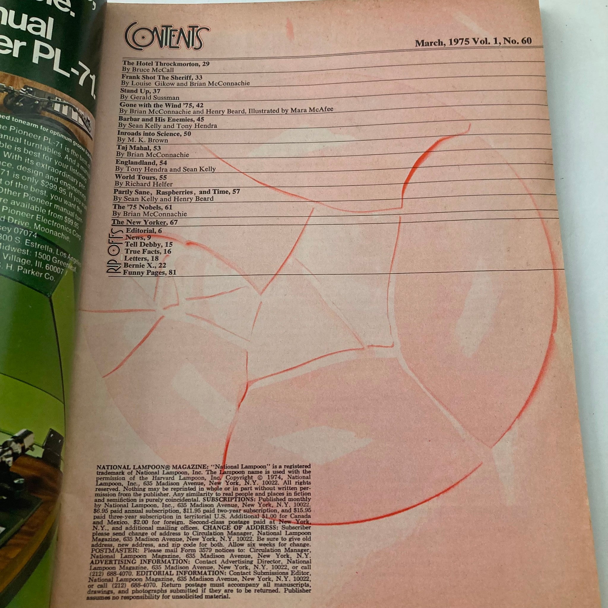 Contents page of the Vintage National Lampoon Magazine March 1975 Vol 1 No 60, featuring article titles and authors, showcasing the magazine's vintage charm.