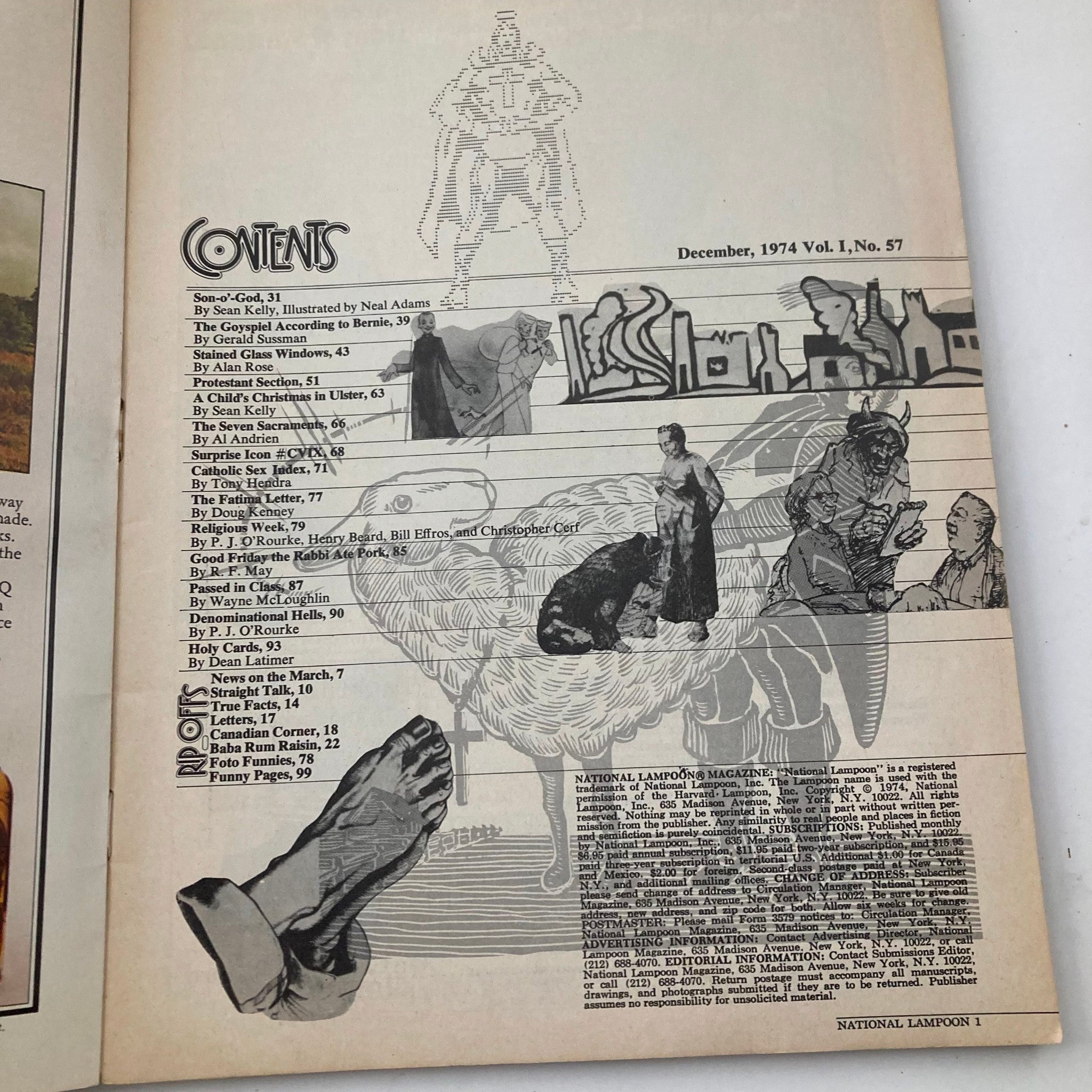Contents page of Vintage National Lampoon Magazine from December 1974, featuring articles on Judeo-Christian tradition with illustrations and humorous captions.