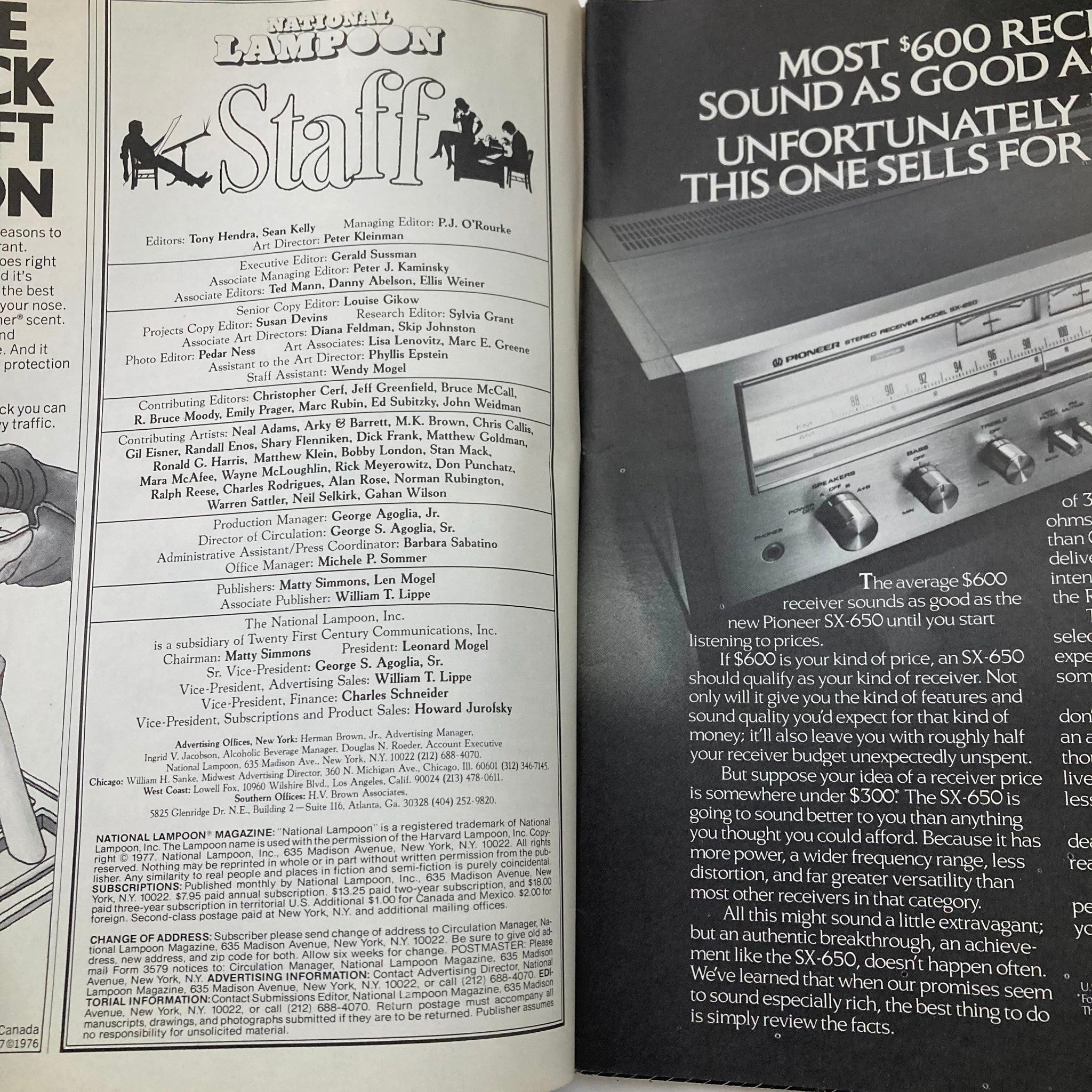 Inside page of the Vintage National Lampoon Magazine from March 1977 displaying the staff credits alongside advertising content, reflecting the magazine's satirical style.