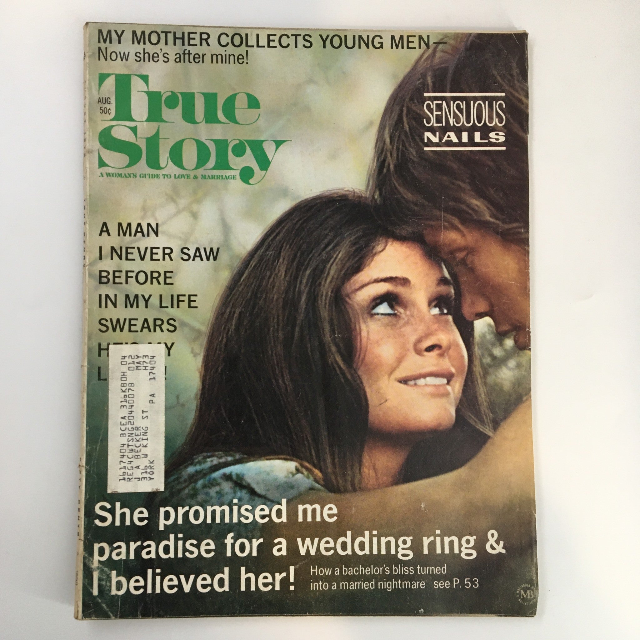 Cover of VTG True Story Magazine August 1972 featuring the article 'She Promised Me Paradise For A Wedding' and visuals of a couple, reflecting 1970s cultural themes.